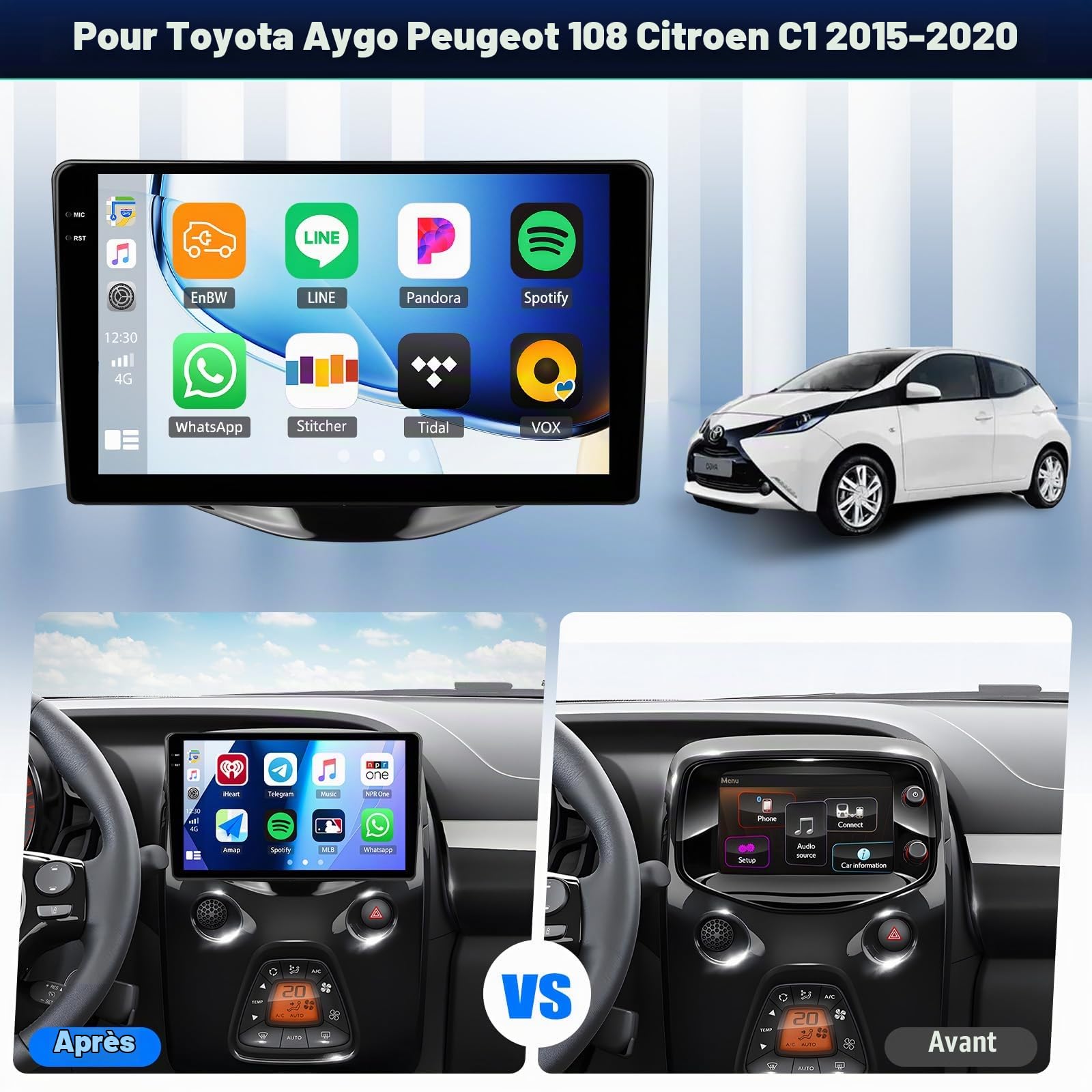 4G+128G GOHHDL Android 15 Autoradio pour Toyota Aygo Peugeot 108 Citroen C1 2015-2020 avec Carplay Android Auto, 9 Pouces Poste Radio Voiture avec GPS Navi WiFi Bluetooth FM/RDS EQ SWC Caméra&MIC