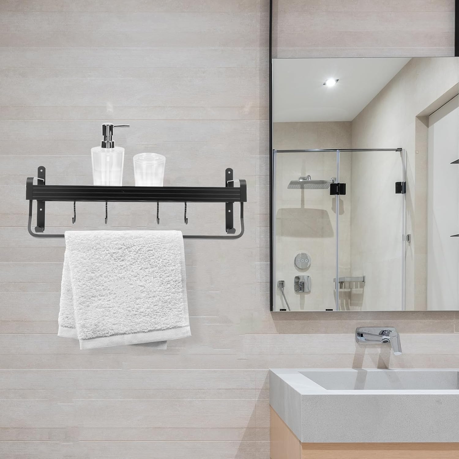 Black Space Aluminium Bathroom Storage Rack Nail-free Hanging Shower Shelf Organizer with Anti-fall Design for Shower Wall, Keeps Items Well Organized and Saves Space