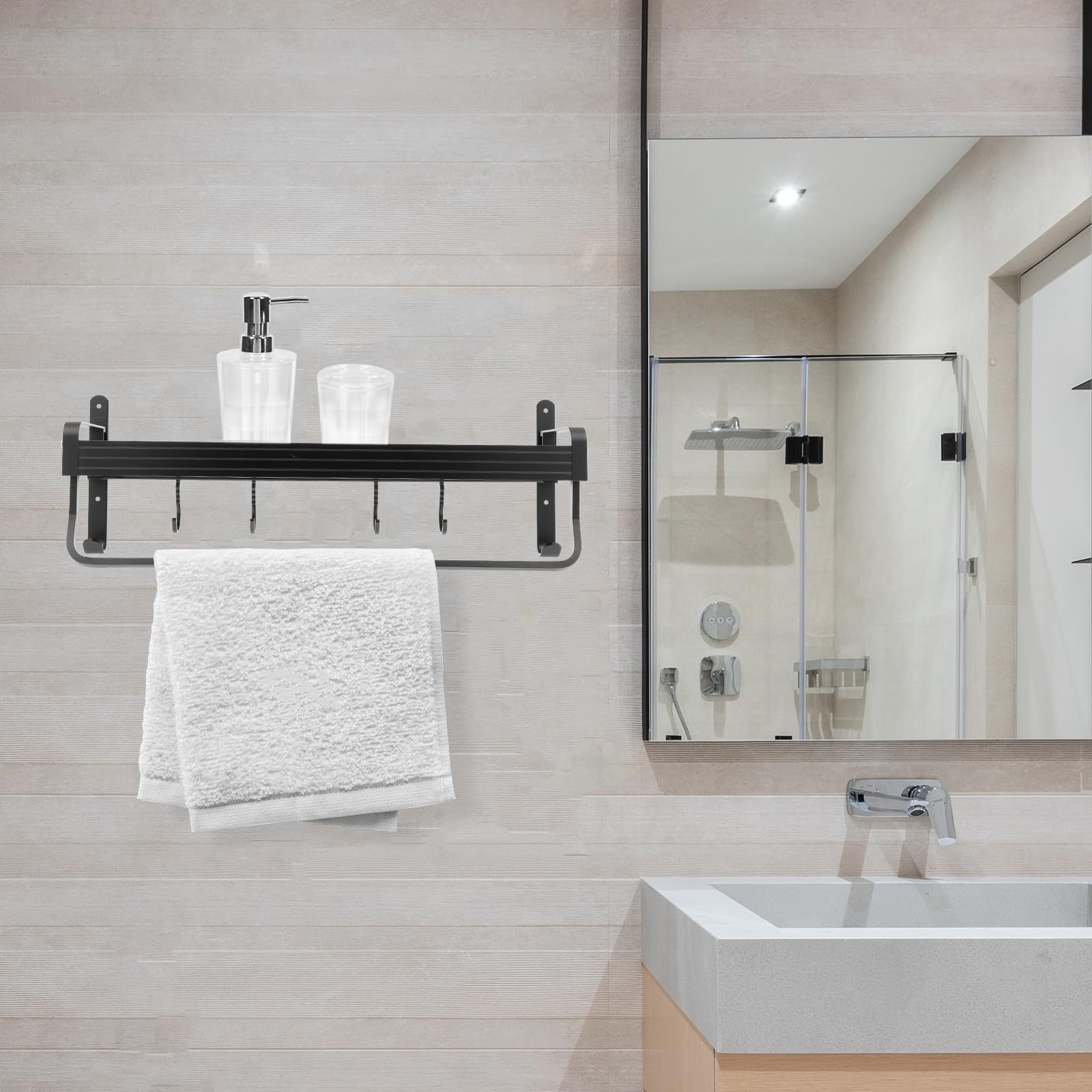 CHILDWEET Estante de Ducha y Mantienen Ordenados los Accesorios de Aluminio Espacial sin Taladro Negro 50 Cm Ganchos de Pared que Previenen Caídas para Baño