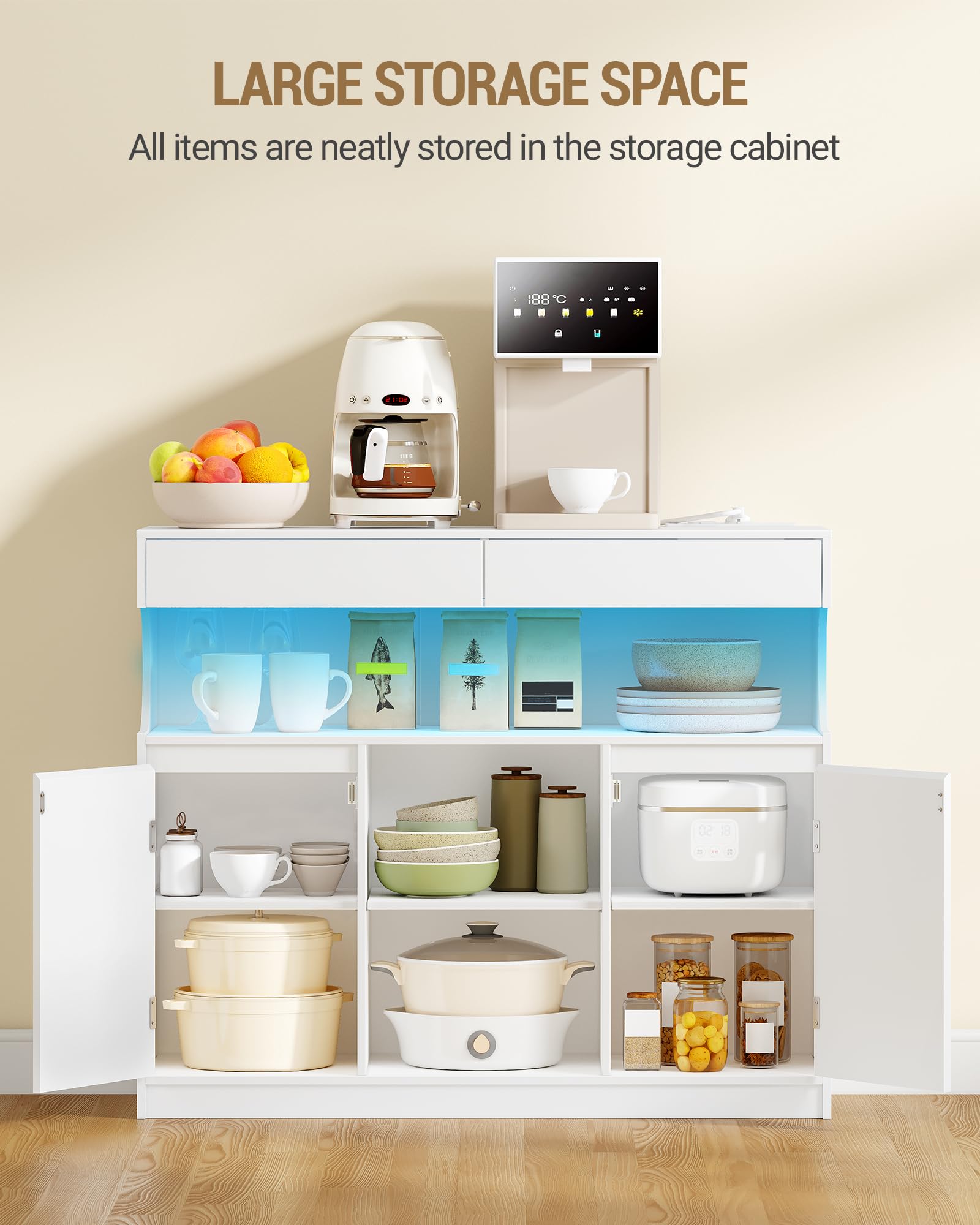 Hzuaneri Sideboard, Küchenschrank mit Steckdosenleiste und LED-Licht, Buffetschrank, 2 Schubladen und 2 Türen, Verstellbaren Regalen, Esszimmer, Küche, 35 × 100 × 85cm, Weiß SC64903X