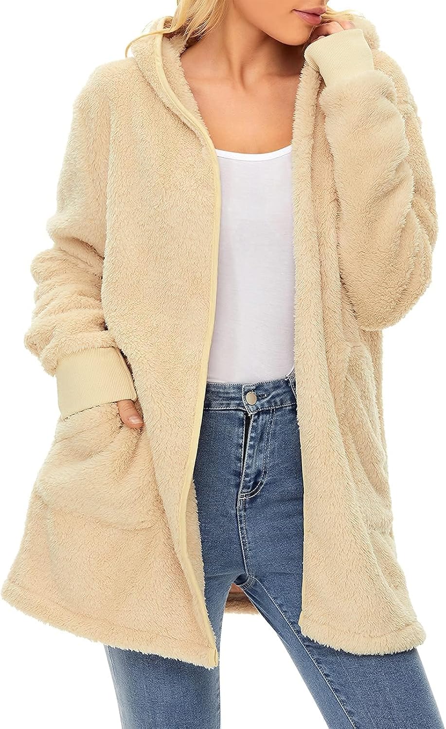Century Star Women Fleece Cardigan Hooded Loose Fuzzy Cardigan Coat Womens Fuzzy Jacket Outwear - Image 2