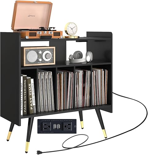 scolyk Soporte grande para tocadiscos, armario de almacenamiento de discos de vinilo con toma de corriente, mesa de tocadiscos con capacidad para