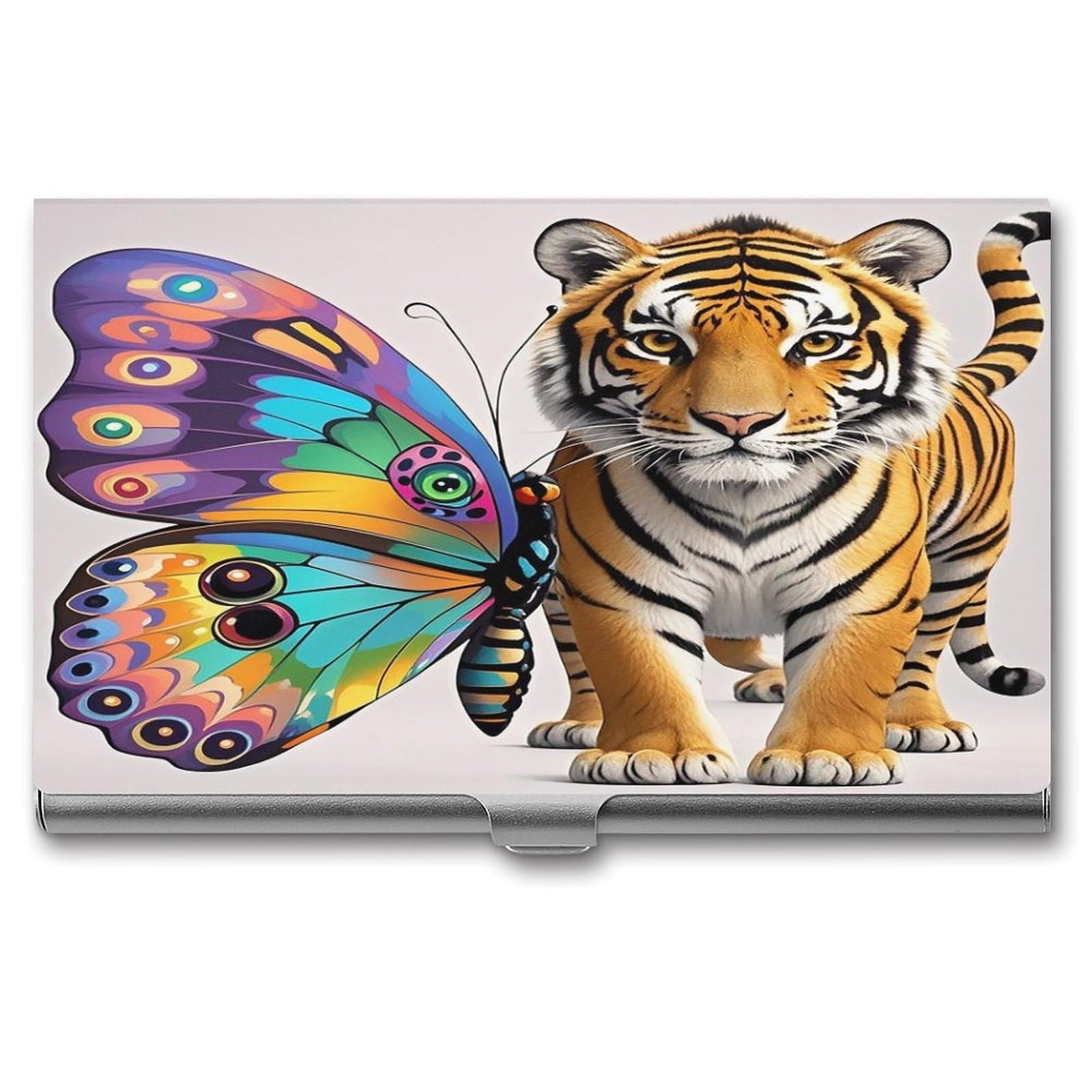 FekiLoot Butterfly And Tiger Business Card Holder Aluminum Alloy Business Card Case Convenient to Carry Business Card Dispenser for Men Women