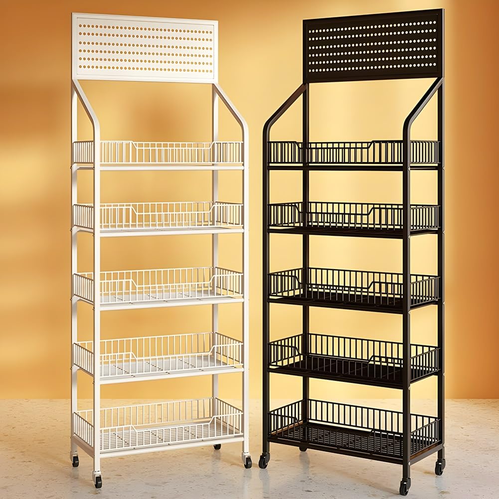4/5-poziomowy stojak ekspozycyjny do sprzedaży detalicznej, metalowy stojak na przekąski/owoce/narzędzia, stojak na przekąski z kółkami i haczykami, do kuchni, (Czarny 50x27x140cm)