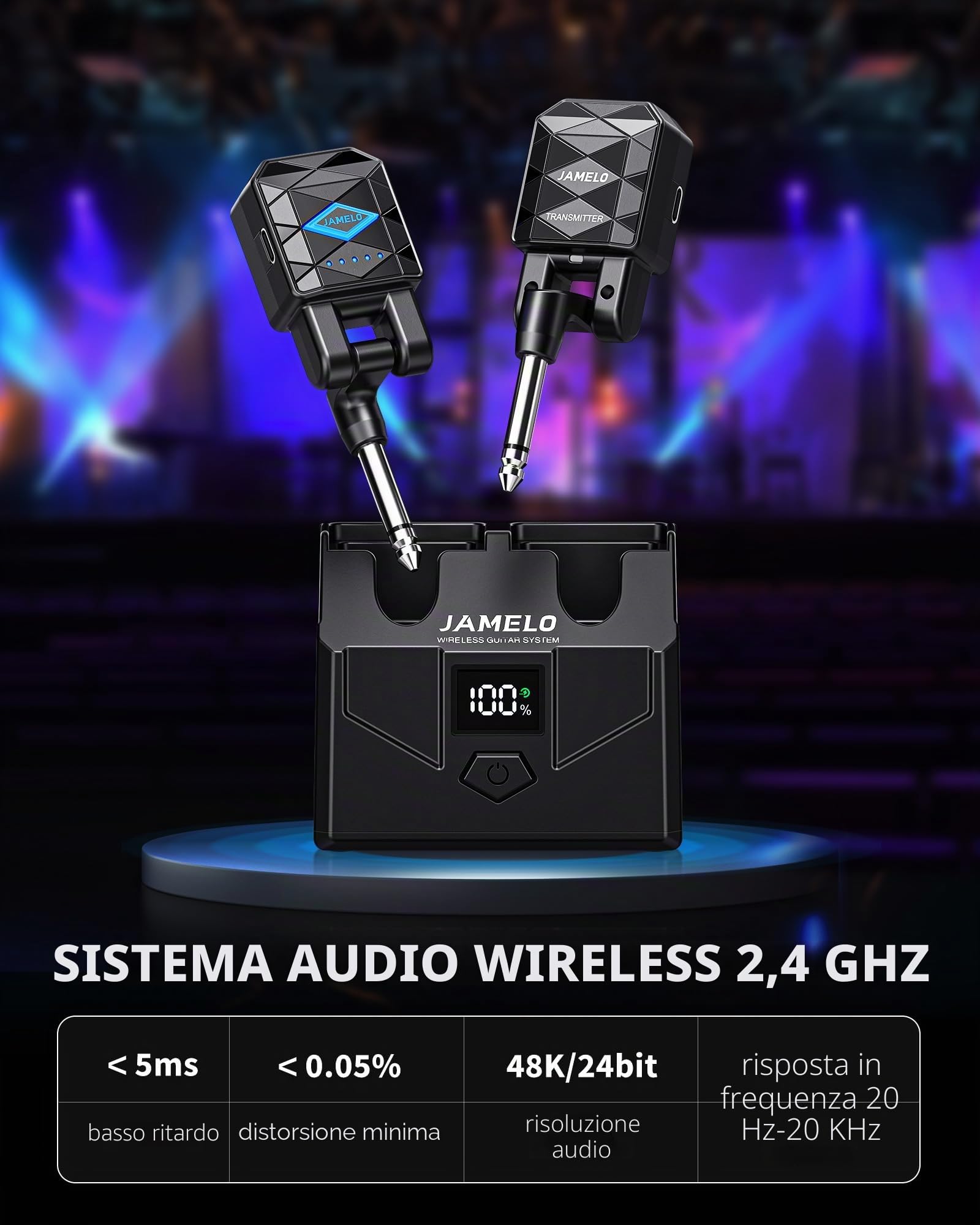 JAMELO Sistema per chitarra wireless con custodia di ricarica, ricevitore trasmettitore per chitarra, cavo jack per basso ricaricabile, 4 canali per chitarra e strumenti elettrici