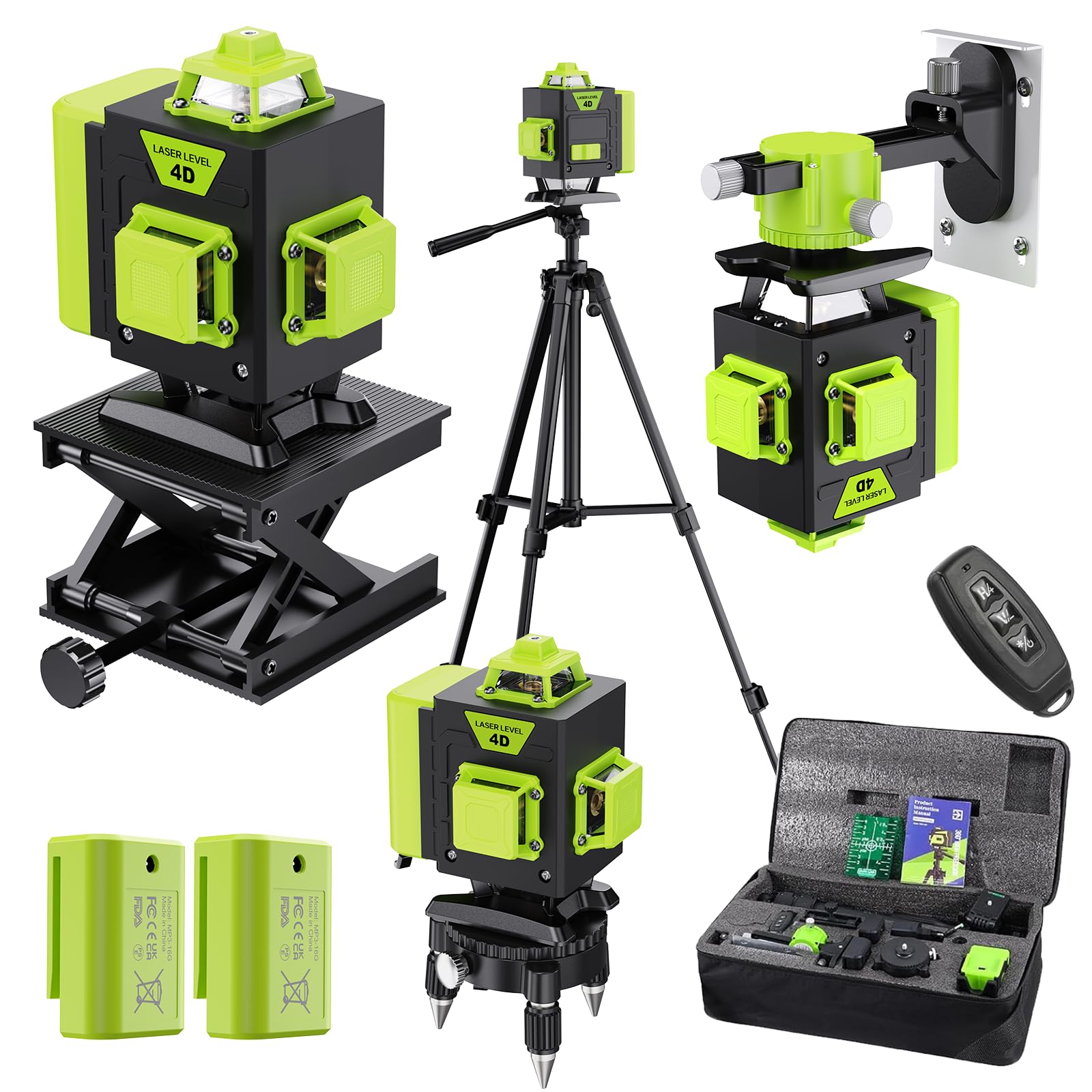 Livella Laser Autolivellante 16 Linee, 4 X 360 °Livello Laser Autolivellante Verde, 2 x Batterie, Autolivellante, Supporto Rotante, Telecomando Cabina di Rilevamento (con Treppiede)
