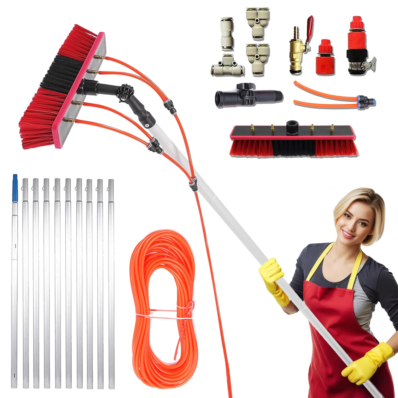 ZBBGTJK 12m (39FT) Telescopic Window Cleaning Kit - Water Fed Brush with 20m PU Hose & 35cm Brush Head for Trucks, Boats, Cars - Ideal Solar Panel Cleaning Equipment