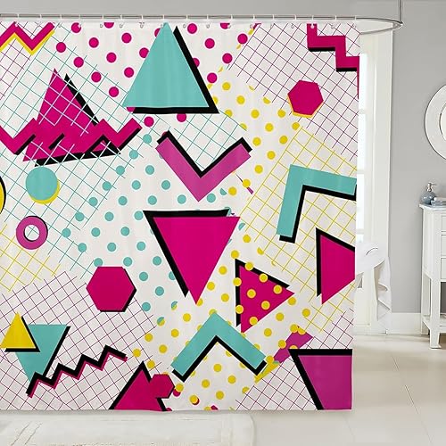 Miniatura 22 de Cortina de ducha retro de los años 80 y 90, 72 pulgadas de ancho x 72 pulgadas de largo, cortina de baño geométrica abstracta con círculos modernos