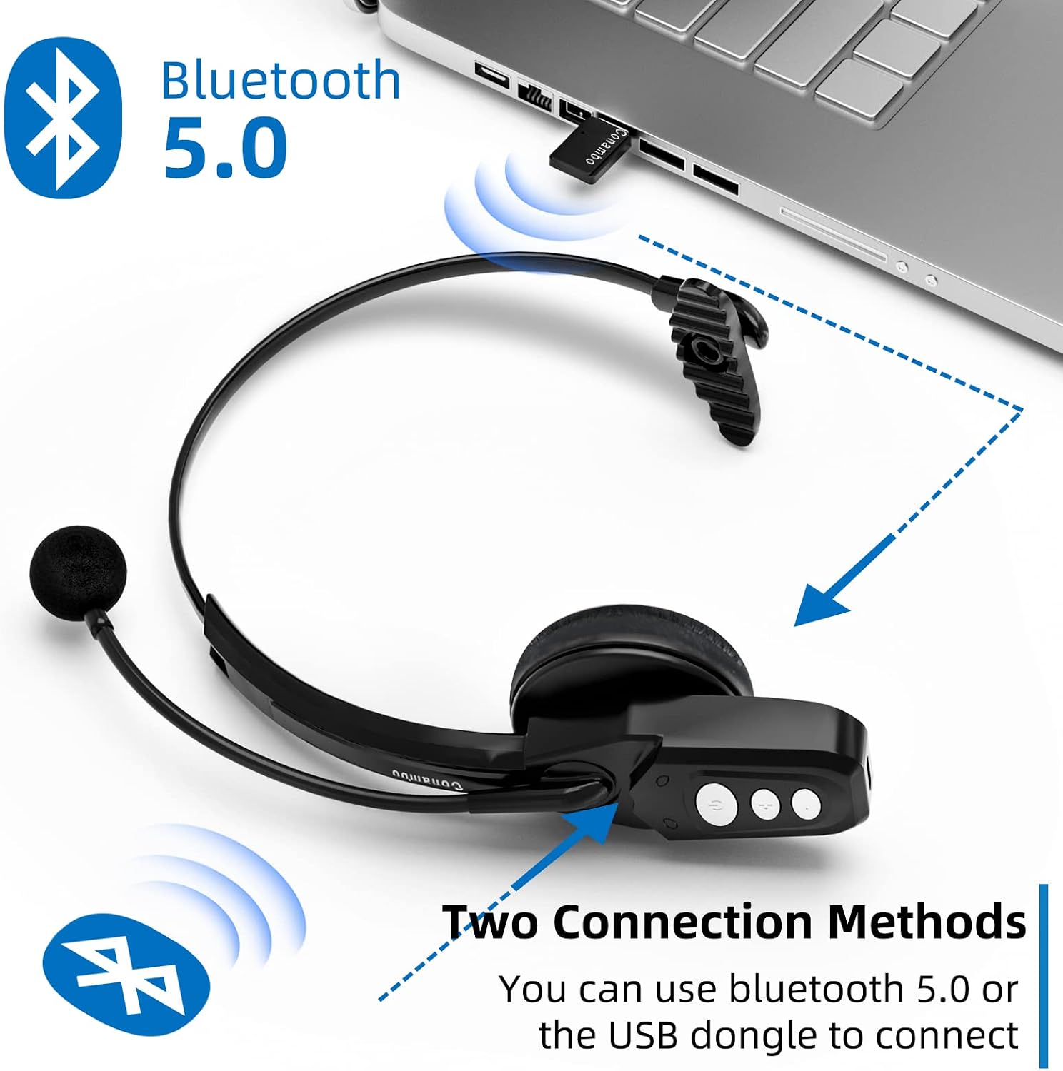 Conambo Noise Cancelling Bluetooth Headset V5.0, 16Hrs HD Talktime Hands-Free Wireless Headset, Bluetooth Headphones with USB Dongle for Cell Phones Business Home Office Trucker