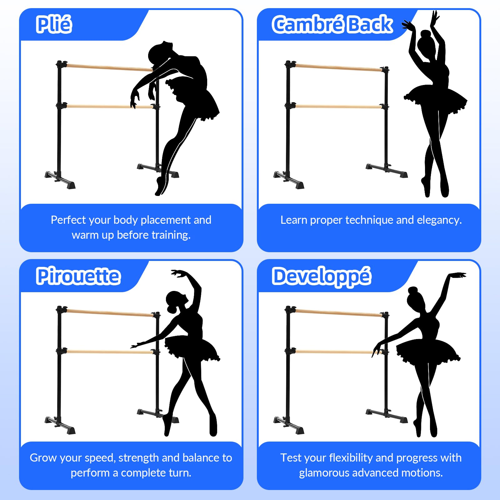 LIROPAU Doppia barra per balletto, autoportante, con piedini antiscivolo, altezza regolabile da 15 a 122 cm, per ragazze e adulti