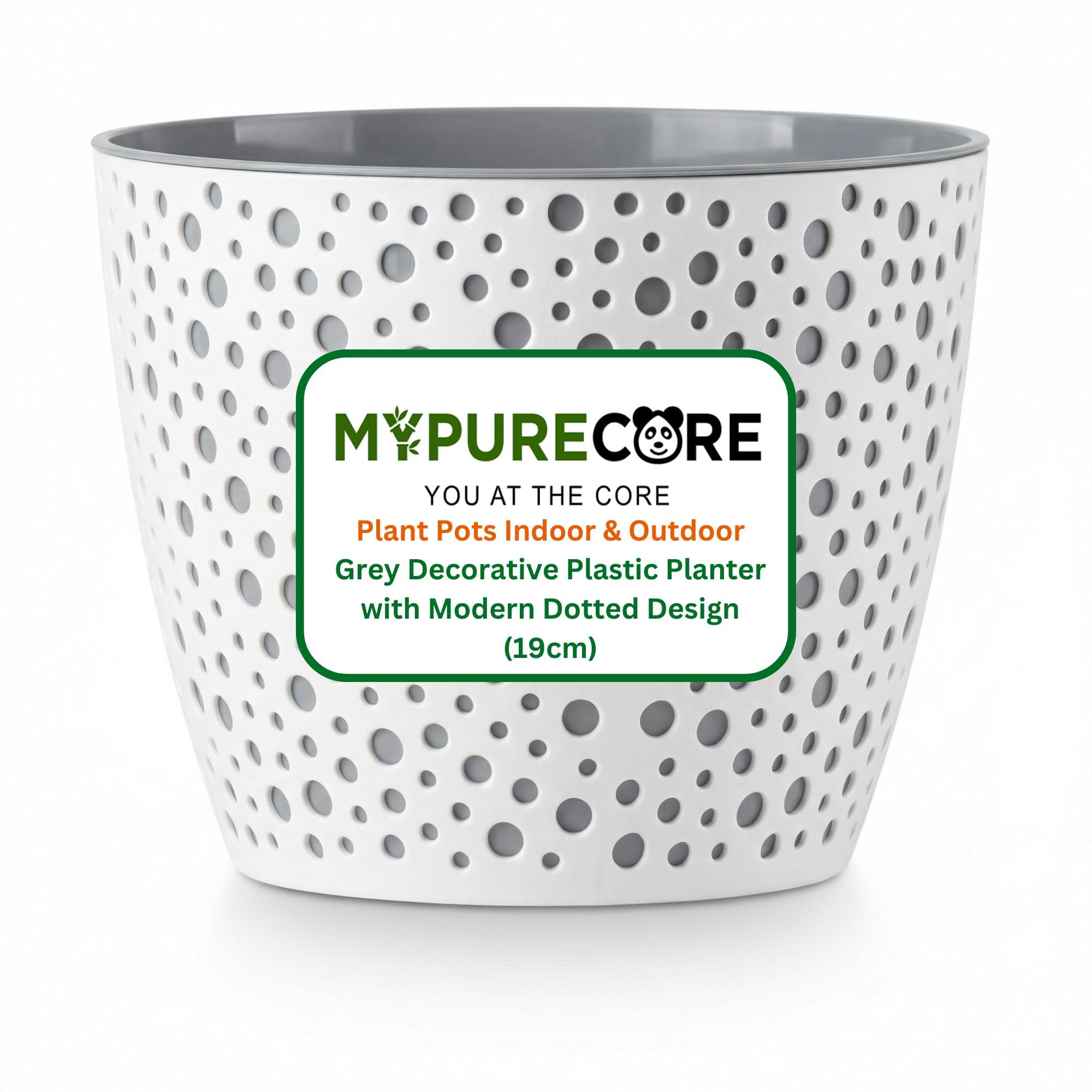 MYPURECORE Flower Pot 19cm – Indoor Plant Pot, Decorative Plastic Planter with Modern Dotted Design, Round Plant Pot for Houseplants, Herbs & Indoor Plants (Grey)