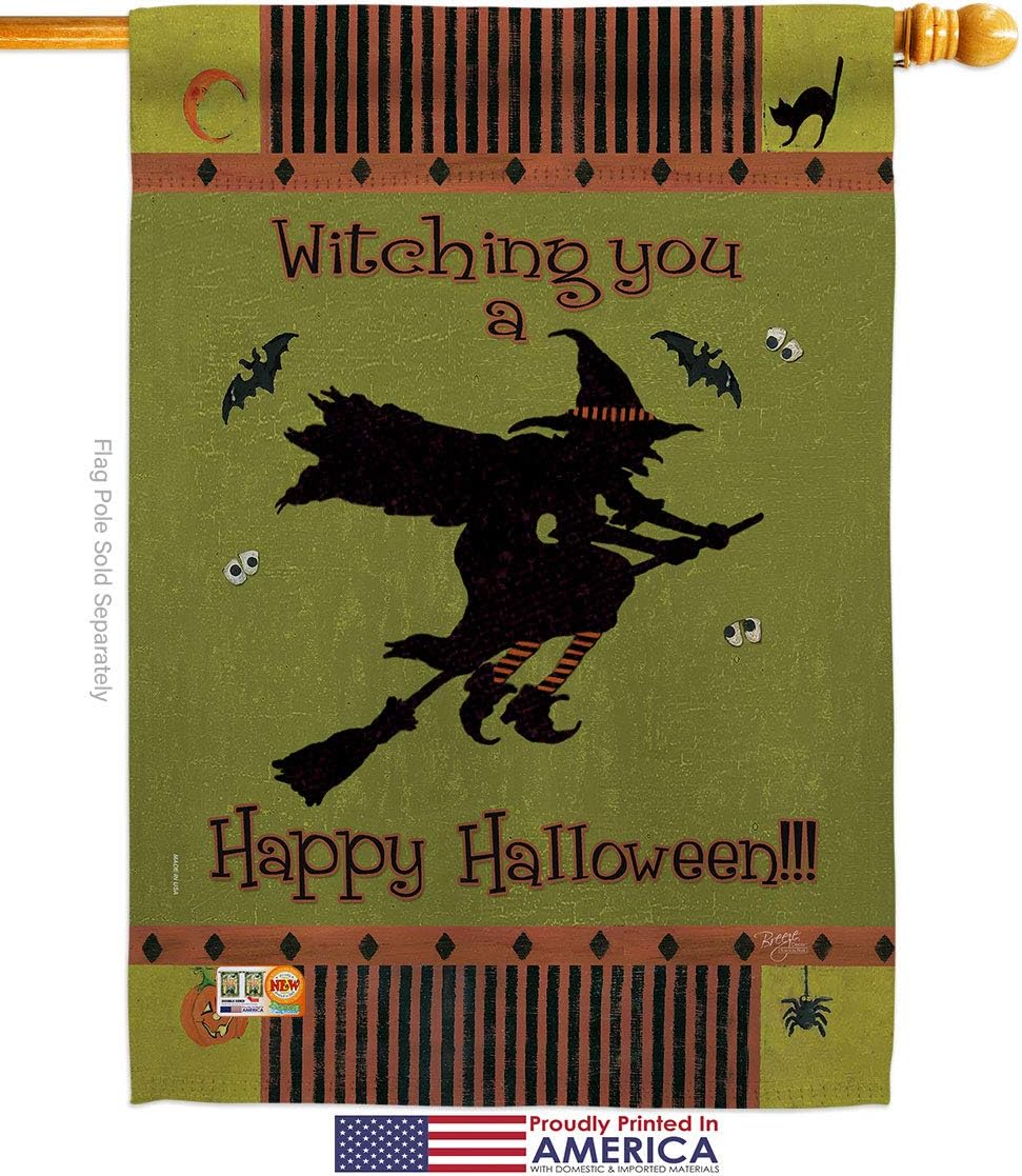 Witching You House Flag Falltime Halloween Witch Trick or Treat Spooky Night Black Cat Season Autumntime Pumpkin Small Decorative Gift Yard Banner Made In USA 28 X 40