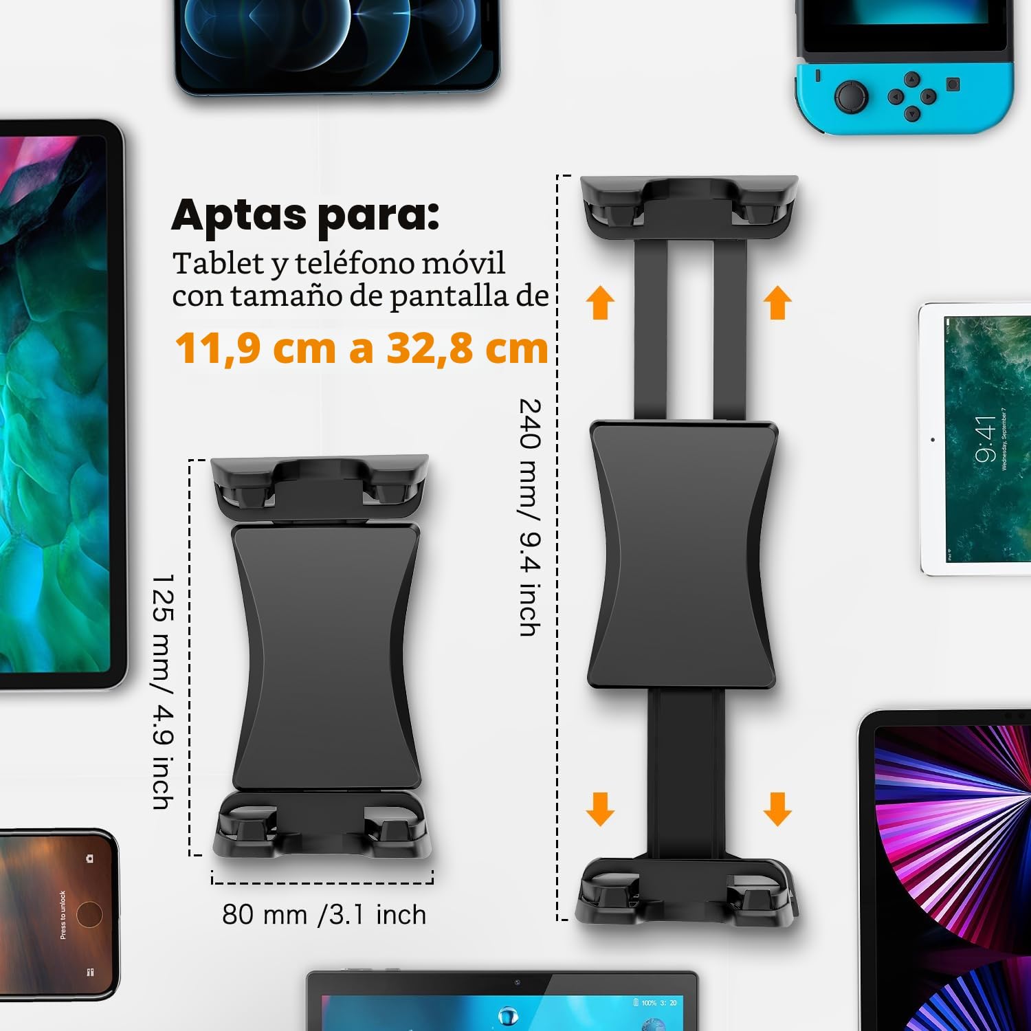 Soporte Tablet Coche, Rotación de 360 Grados Soporte iPad Salpicadero, Pie Tablet de Pared para iPad/Pro/Mini/Air iPhone, Smartphones y Tablets 4,7-12,9" para Coche, Pared, Escritorio