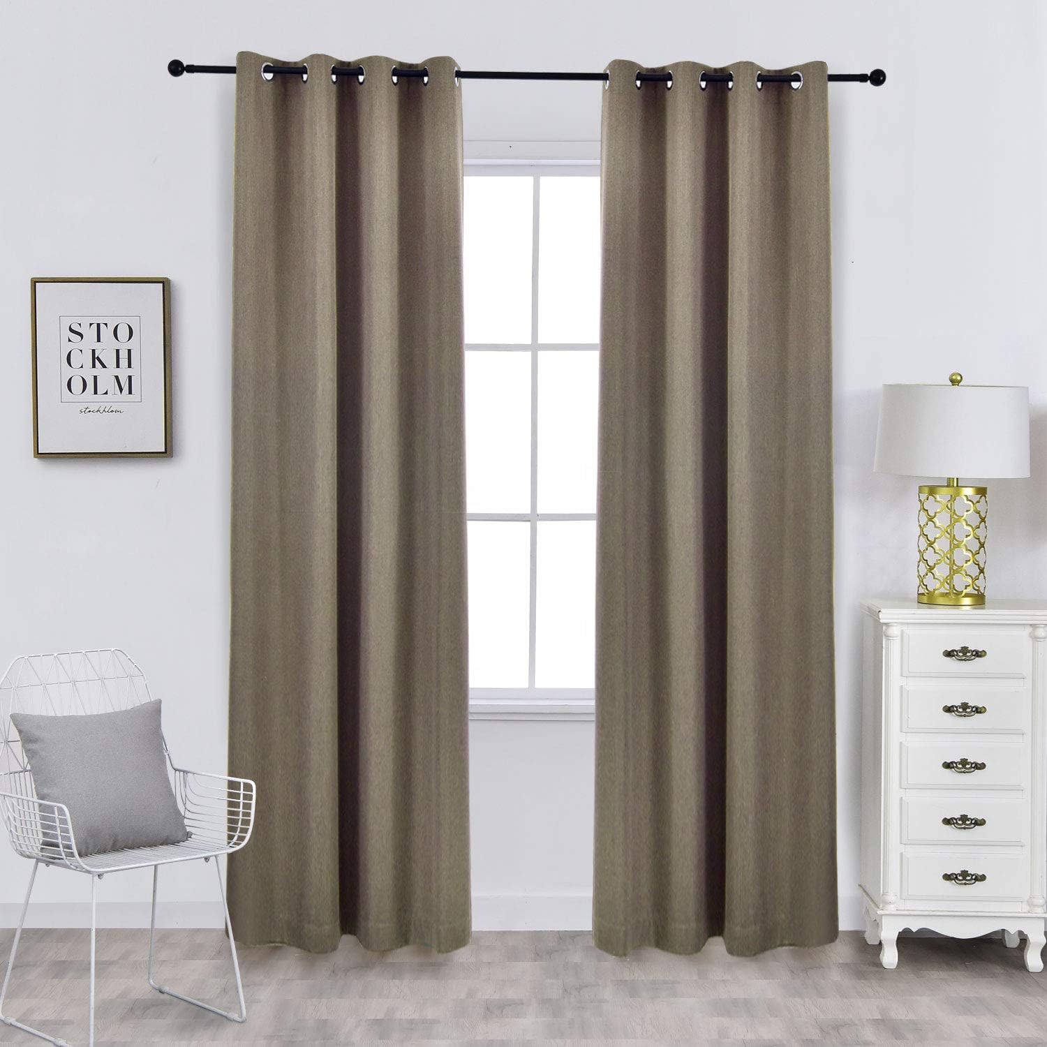 Faux Linen Grommet Curtain Panels Drapes 100% Blackout Thermal Insulated Curtains for Living Room (Set of 2 Panels, 52 x 84 Inch, Brown)