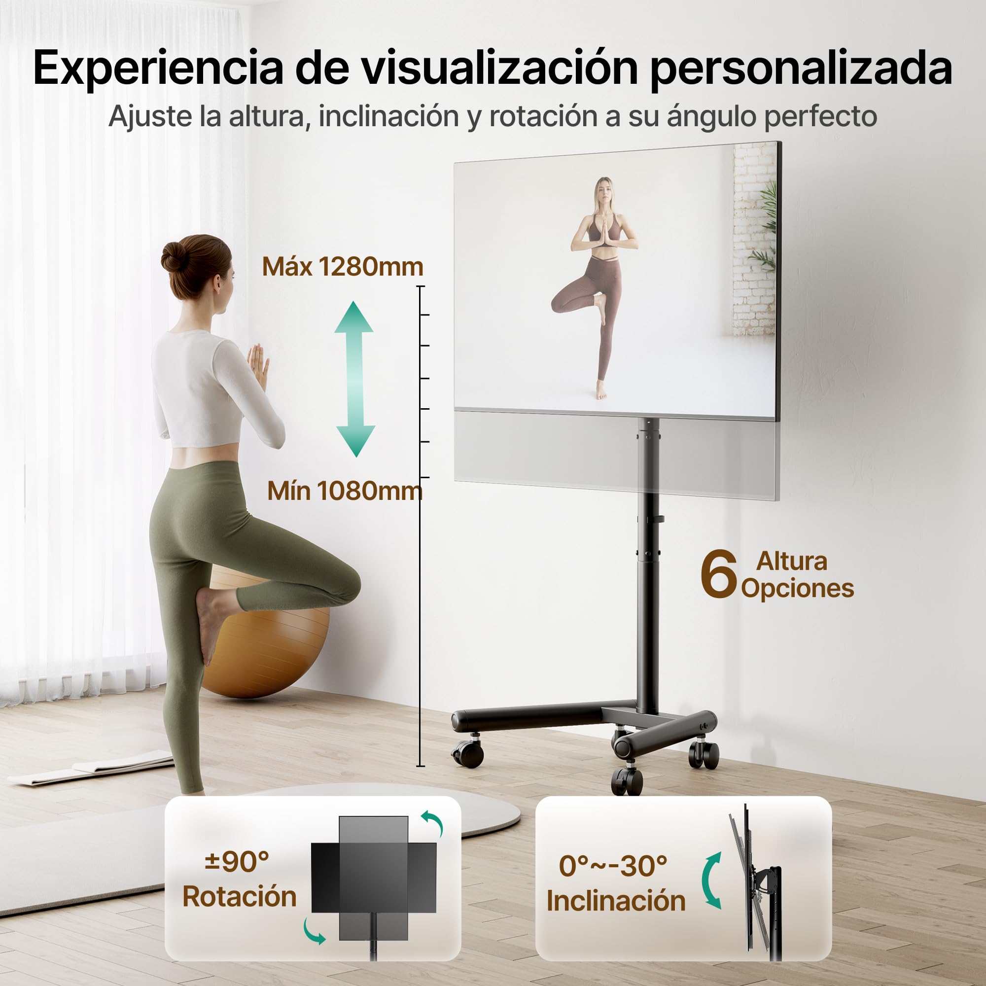 Soporte TV con Ruedas 13-50" | Soporta 25 kg, VESA 200x200, altura ajustable, giro 360° e inclinación, ruedas silenciosas, diseño ahorra espacio