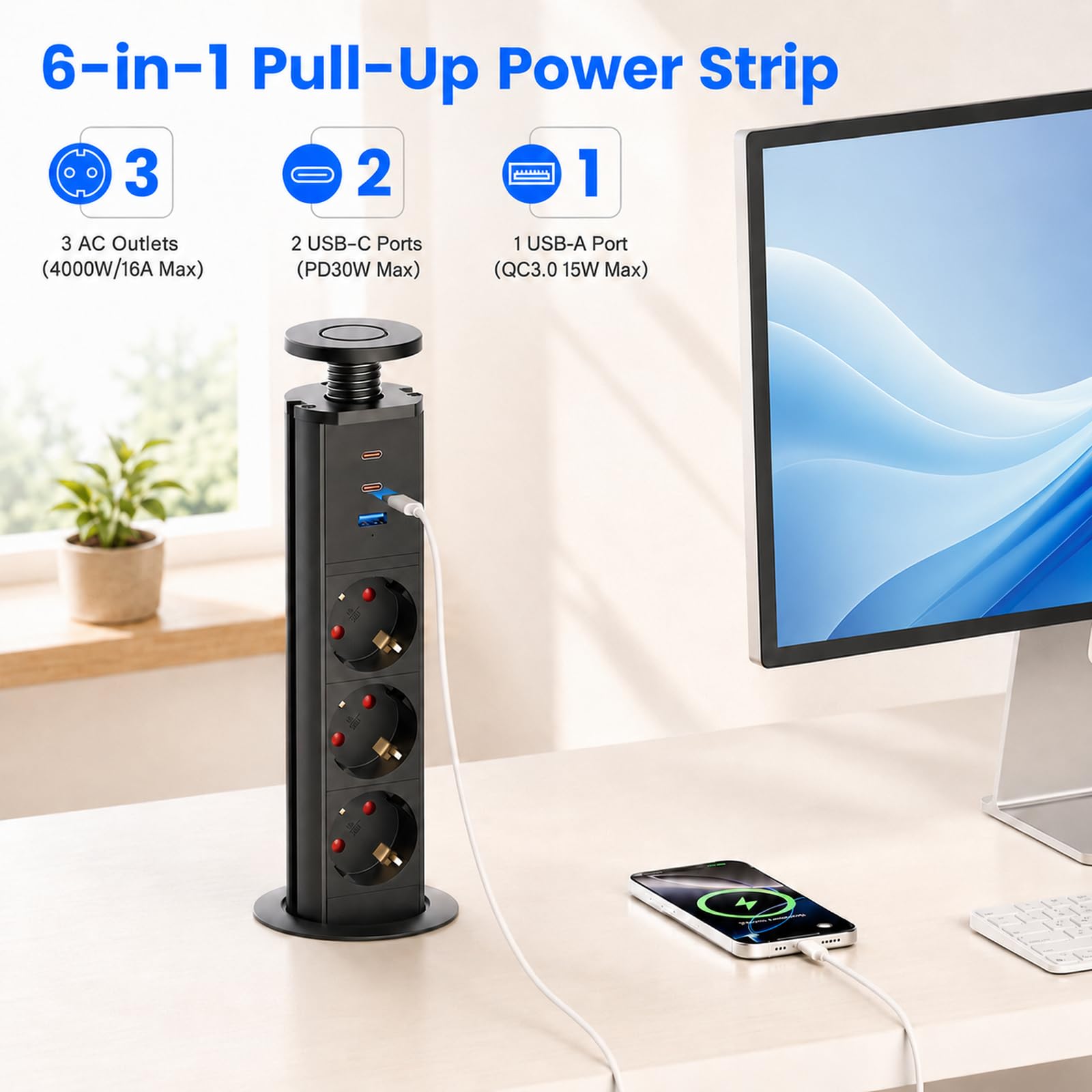 Versenkbare Steckdose 3-Fach USB-C PD 30W, Ø60 mm, Schwarz