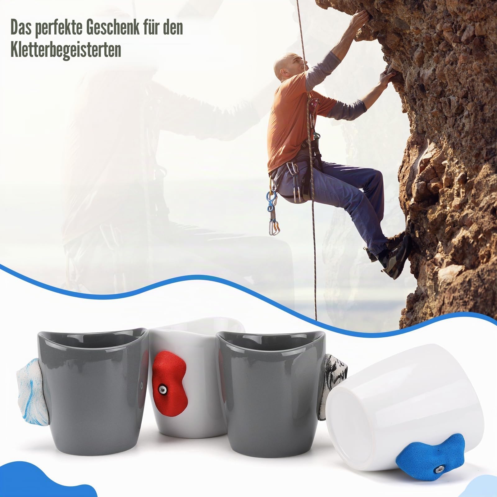 Rock Climbing Mug, Keramikbecher mit Klettertrainingsgriffen, Kletterhaltebecher mit sehr realistischen Klettergriffen, Blau-Weißer Griff, M1-BW