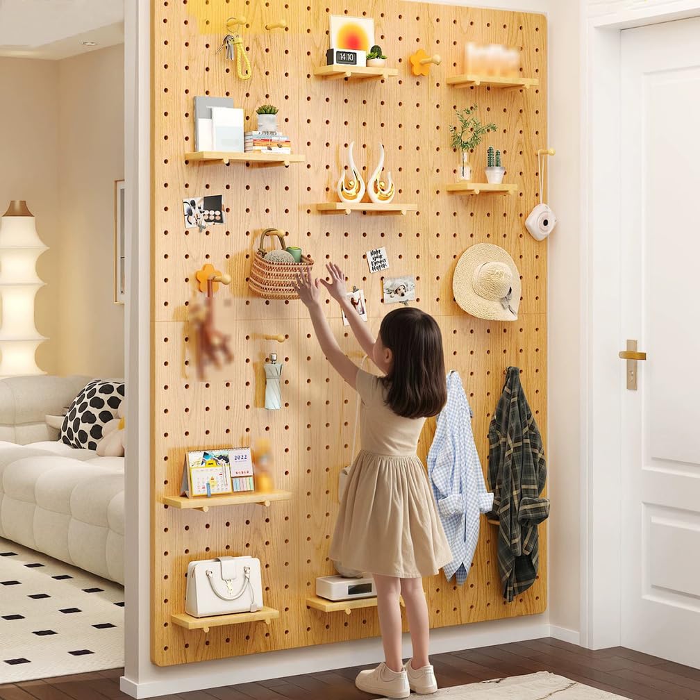 Sistema De Almacenamiento Modular De Paneles Perforados | Organizador de pared de madera con tablero perforado con estantes y ganchos para organizar la oficina, el dormitorio