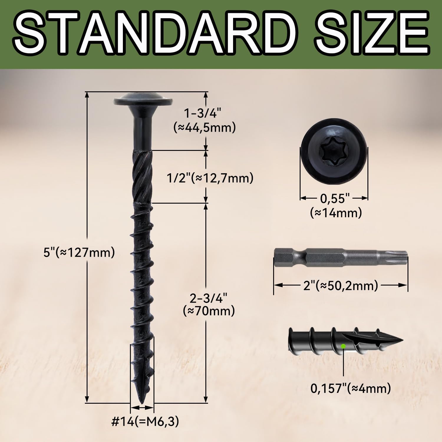 Wavanta 50Pcs Washer Head Wood Screws 6.3 x 125mm, Decking Screw, Black Torx Wood Screws - Image 2