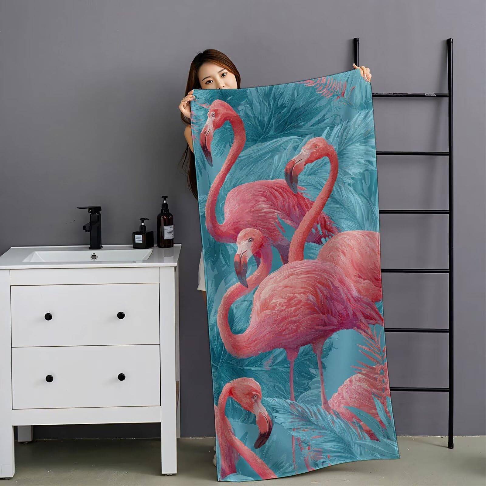 Ręcznik plażowy z flamingiem, mikrofibra 100 x 220 cm, turkusowy, 2 sztuki, szybkoschnący, ultra cienki, kompaktowy, z torbą, dla kobiet i mężczyzn, na kemping, fitness, urlop YJ-1025