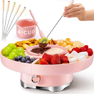 LUSHYUM Electric Chocolate Fondue Pot Set 4-Cup Rotating Tray 5 Forks Cheese Warmer - Party Gift for Families Couples Date Nights