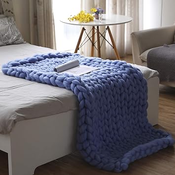 Chunky Knit Blanket Handmade Blue, Beautiful Home Decor Throw Luxury Hand Knitted Soft Plush Synthetic Wool for Bed Sofa Chair Gift - Cozy Bedding-24x24inch