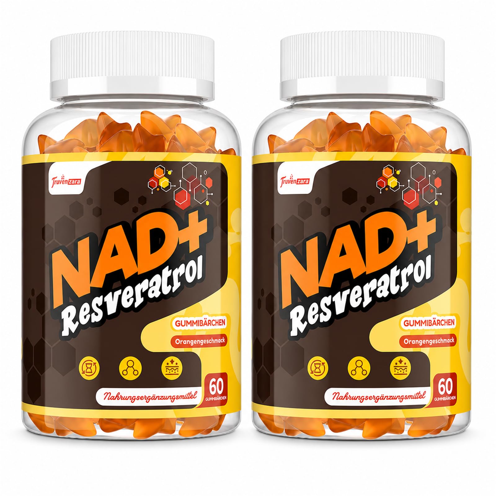 Gommes NAD+ 1310 mg avec Resvératrol, TMG, Collagène Marin Hydrolysé et Extrait de Poivre Noir, Complément NAD+, Saveur Orange (60 Unité (Lot de 2))