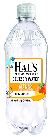 Hal's New York Seltzer Water, Mango Sparkling Water, 20 Fl Oz Bottle (Pack of 6)