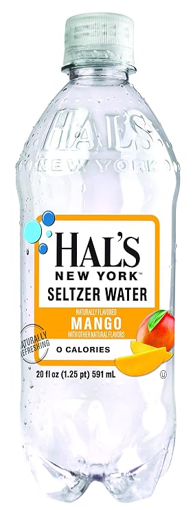 Hal's New York Seltzer Water, Mango Sparkling Water, 20 Fl Oz Bottle (Pack of 6)