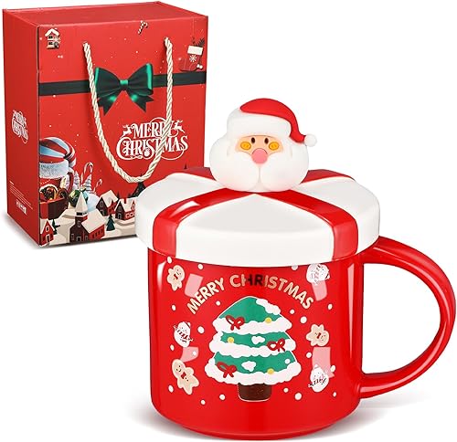 Suttmin Tazas de Navidad con tapa y cuchara, tazas de café de porcelana de Navidad, tazas de té de Papá Noel con caja de regalo para mujeres y