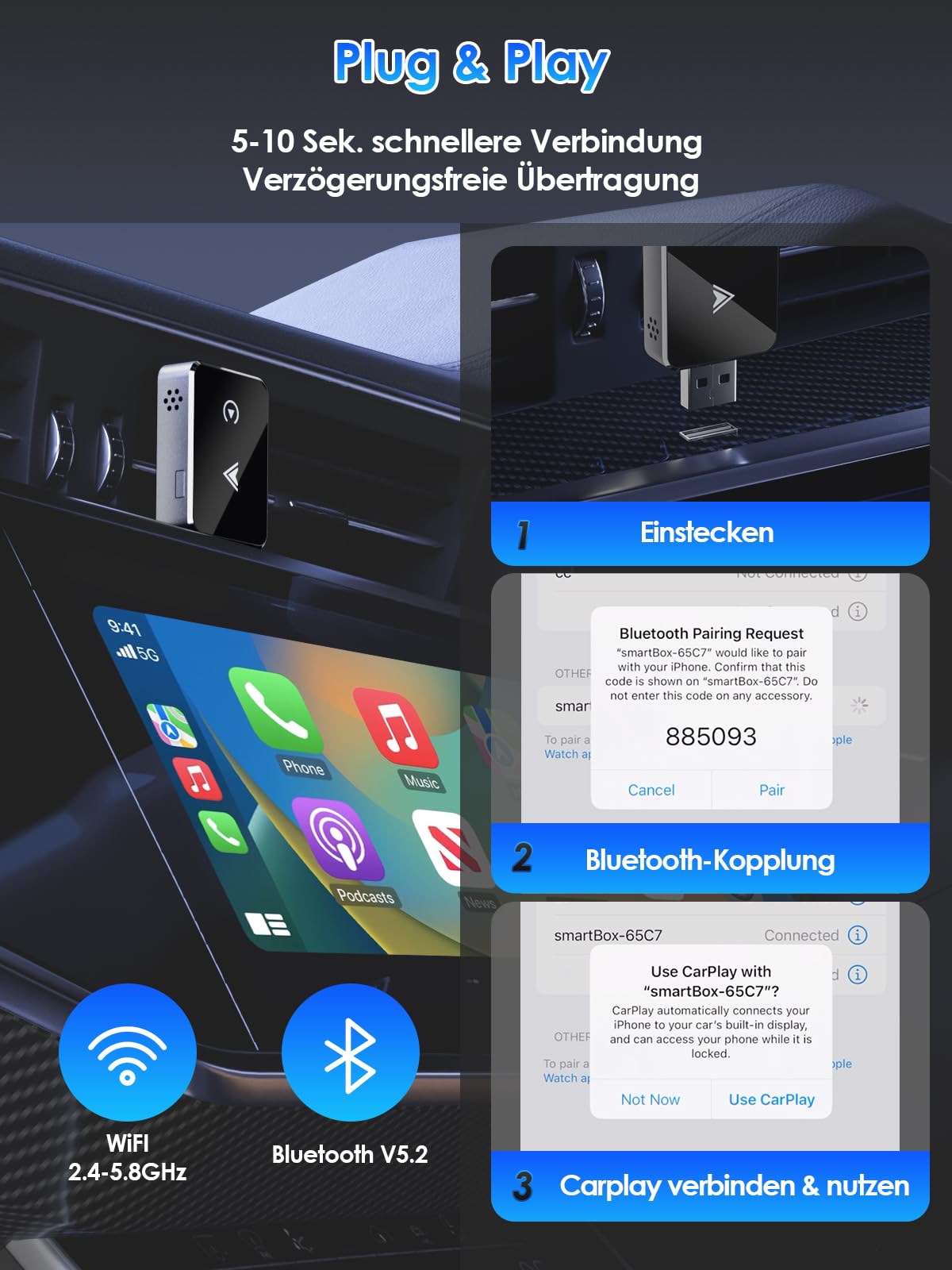 Adapter bezprzewodowy 2 w 1 do CarPlay/Android Auto, PARPAT konwersja z przewodowego na bezprzewodowy z USB/Type-C, stabilne połączenie i brak opóźnień, kompatybilny z iPhone/Android