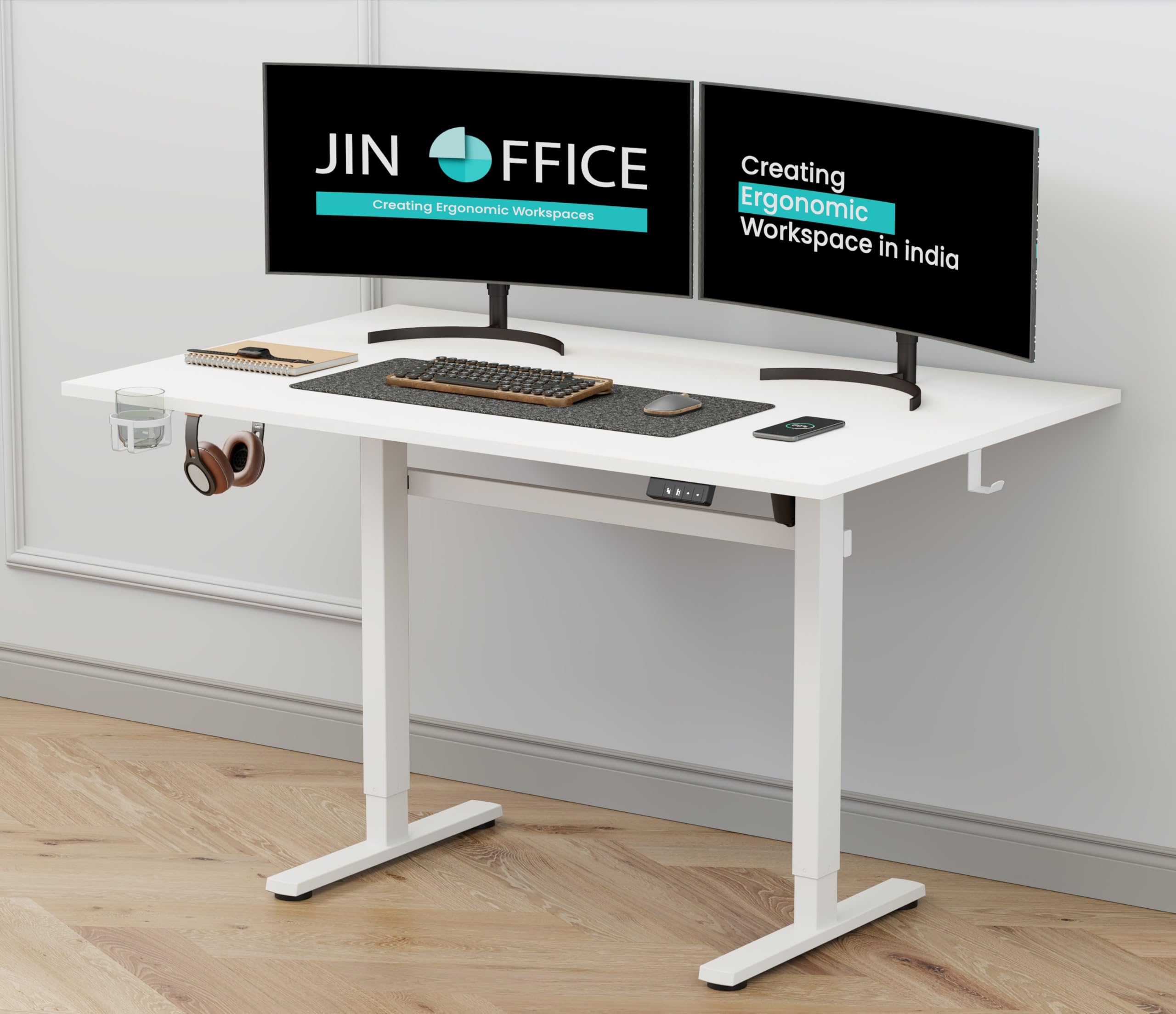 JIN OFFICE Octave Electric Height Adjustable Desk | Standing Desk, 80 Kg Wt. Cap, 2 Year Warranty| Sit Stand Table with Cup Holder, Memory Preset| Stability Crossbar| White 1500*750mm/25mm Thick Top