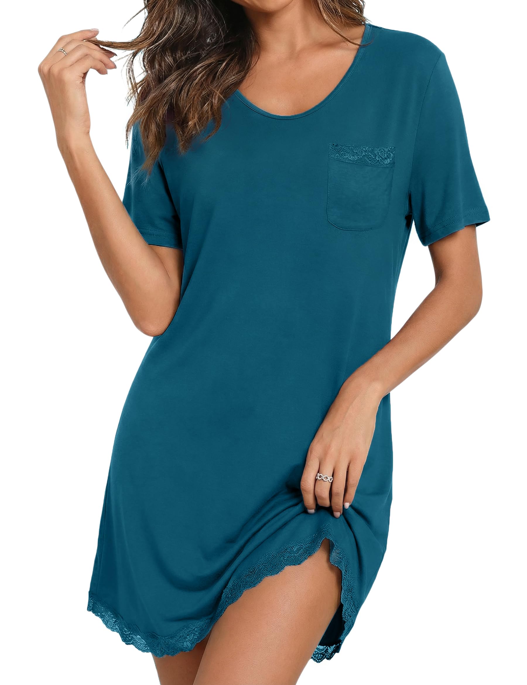 Demegimi Nachthemd Damen Schlafshirt Baumwolle Sexy Spitze Negligee Sleepshirt Kurzarm Nachtkleid V-Ausschnitt Nachtwäsche