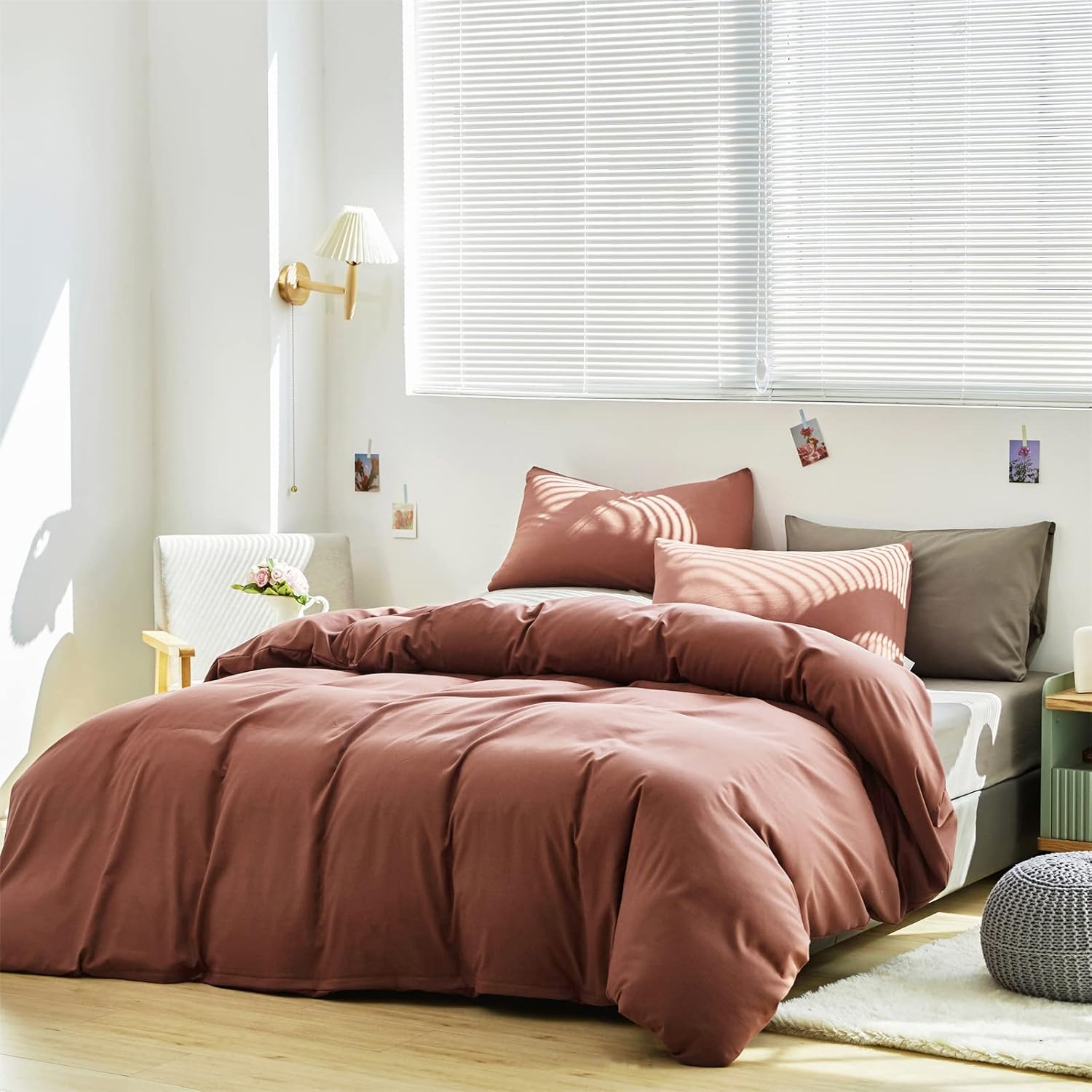 Cottonight Brick Red Comforter Set King Marroon Bedding Comforter Set Solid Modern Cotton Blackish Red Blanket Quilts Soft Simple Modern Breathable 3 Piece Hotel Quality Comforter Set for Women Men - Image 3