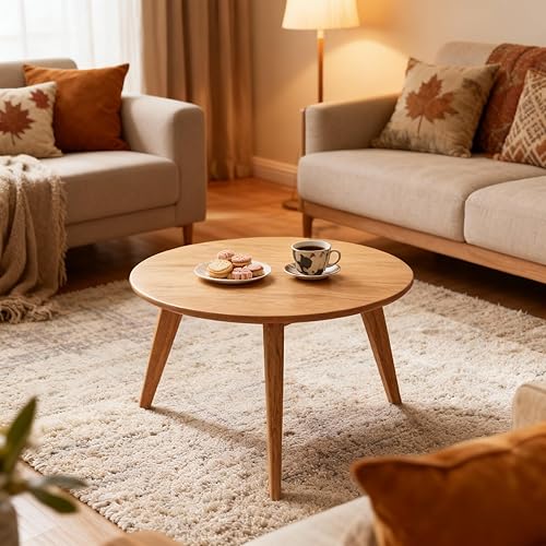 Miniatura 5 de 100% Solid Oak Wood Mini Coffee Table, Round Living Room Table Side Table w/Solid Wood Legs, Walnut Mid Century Sturdy Tables for Bedroom Balcony