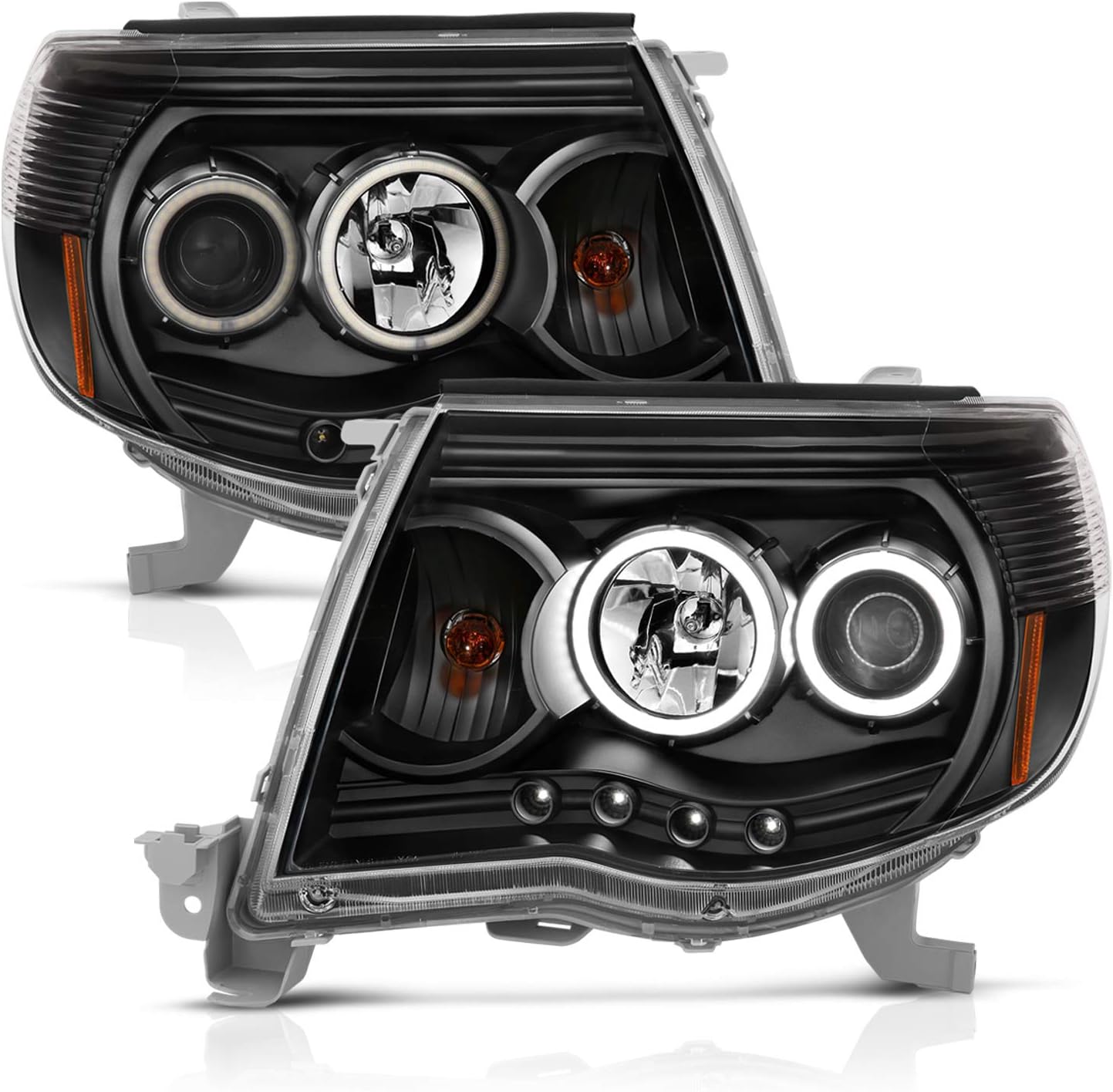 AmeriLite for 2005-2011 Toyota Tacoma Dual Xtreme LED Halo Ring Clear Black Projector Headlights Assembly Pair - Passenger and Driver Side