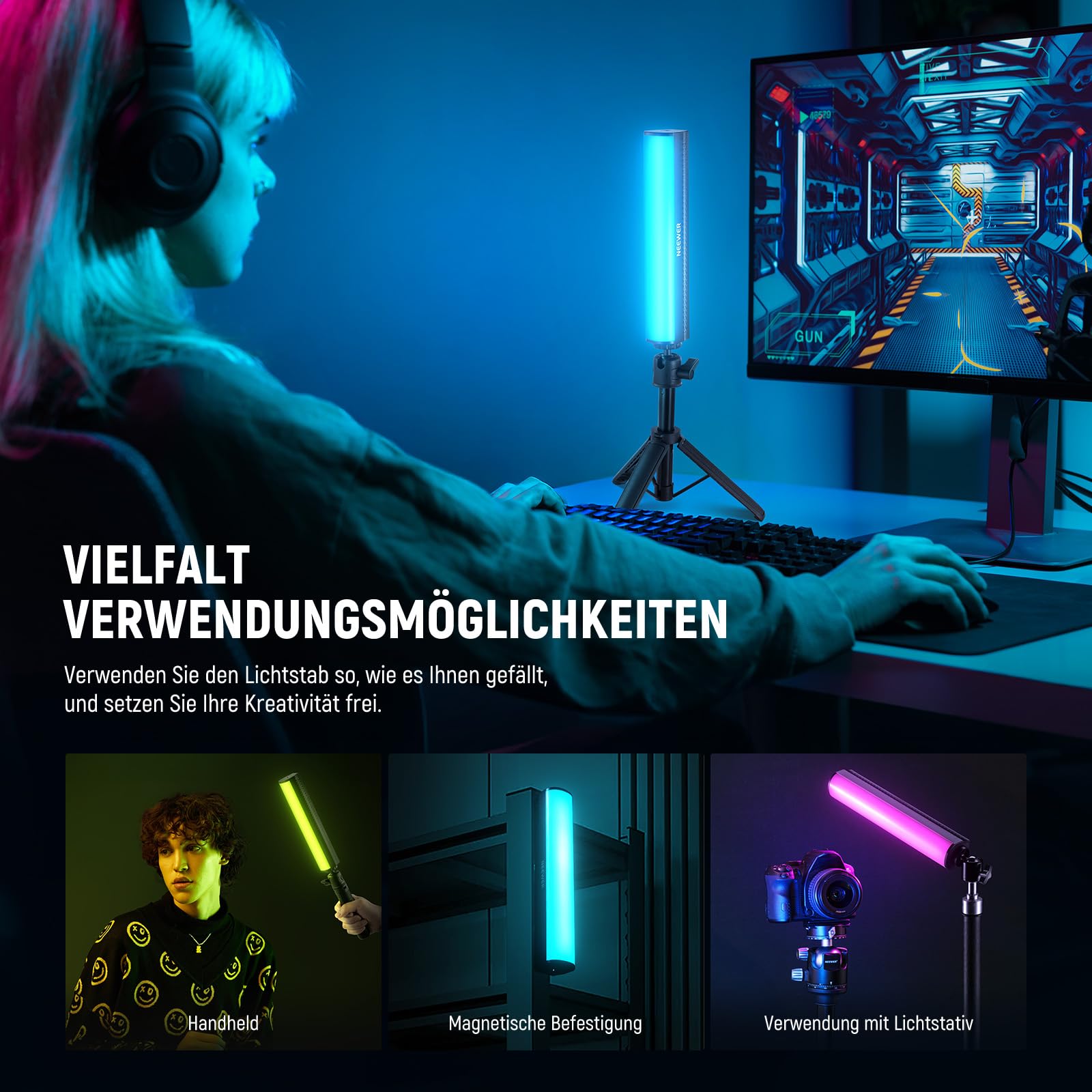 NEEWER RGB Lichtstab mit Tischstativ, magnetischer Hand Fotografie Video Beleuchtungsstab, 2500K-8500K dimmbare CRI95+ Vollfarb LED Röhrenlichtleiste, 2550mAh Akku 17 Szenen für Vlog TikTok, TL20C