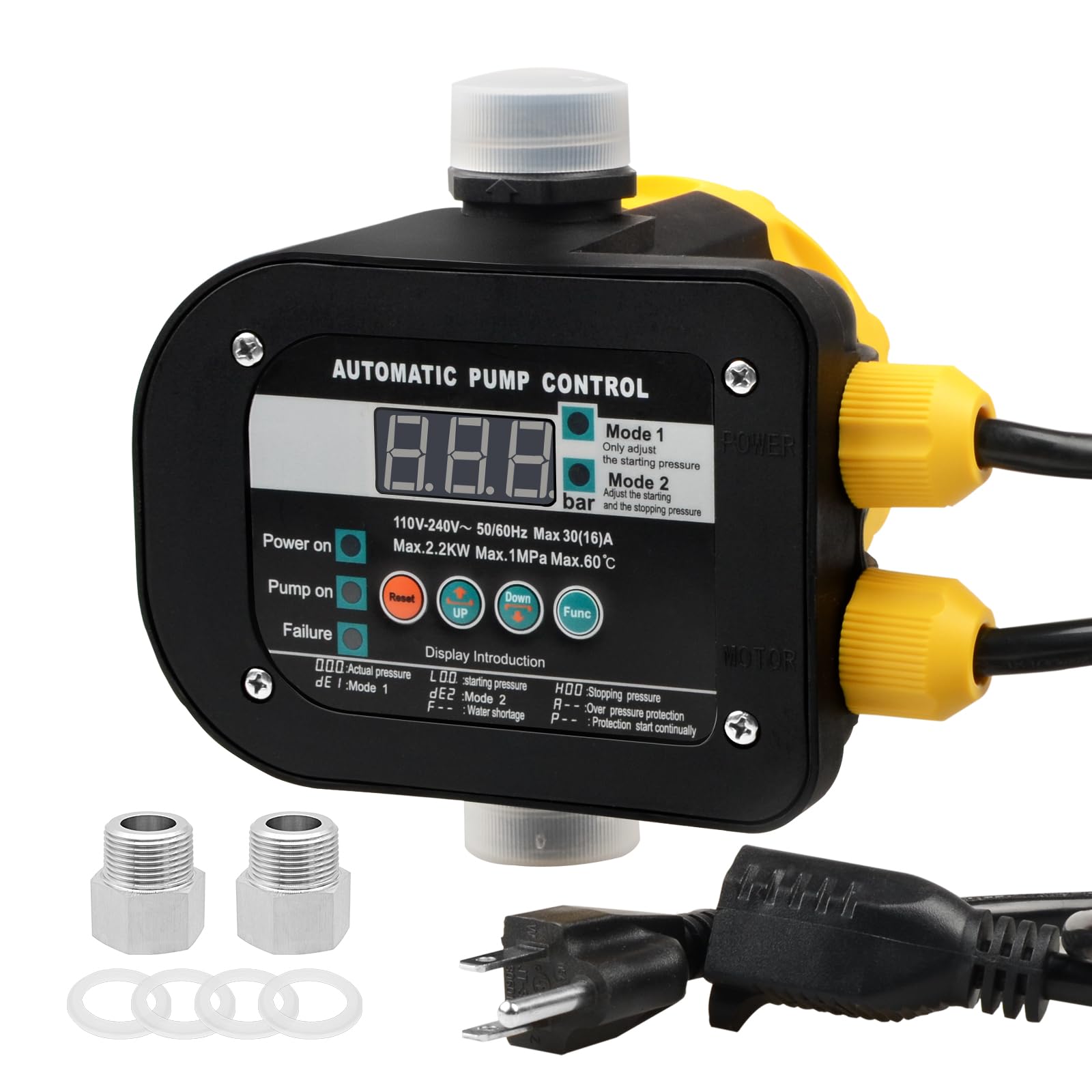 Smart Pump Controller with 2 Metal Pump Connector, BSPP G1 Threaded Interface, 2 Modes Digital Display, IP65 Waterproof, Adjustable Pressure, High Power, for Home, Garden, Industrial Use