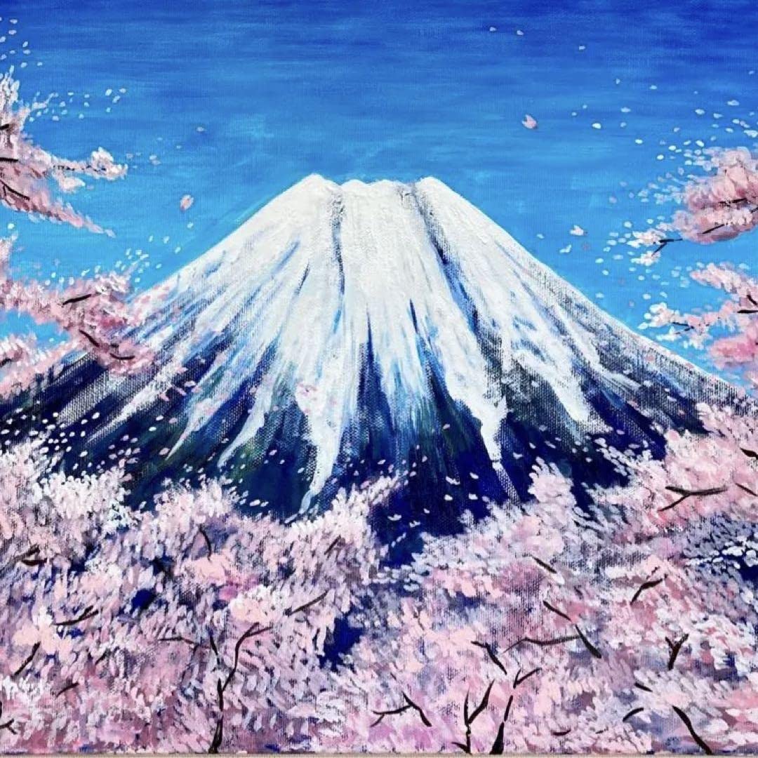 Amazon.co.jp: 花の絵 風景画 桜 富士山 アクリル画 原画 桜吹雪の 