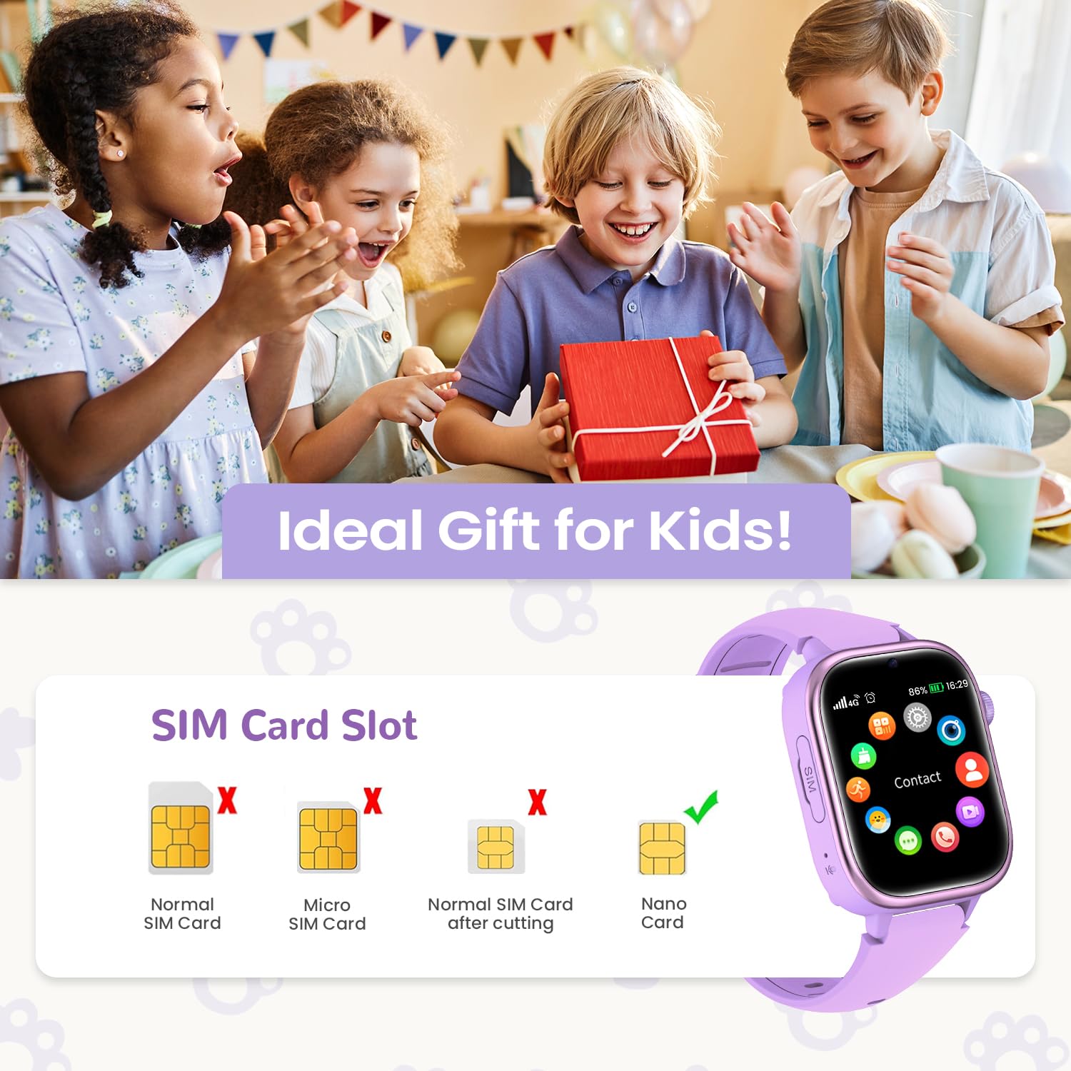 RUXINGX 4G Smartwatch Bambini, IP68 Impermeabile Smartwatch con GPS, SOS, Telefono, HD Videochiamata, Chat Vocale, modalità Lezione, Sveglia, Sonno, Orologio Bambini per Ragazze e Ragazzi, Viola