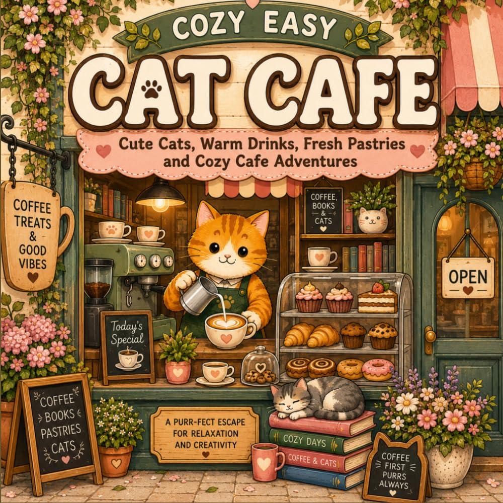 Cozy Easy Cat Cafe: 40 Adorable Cat Cafe Scenes Filled with Books, Coffee, Baking and Relaxing Moments