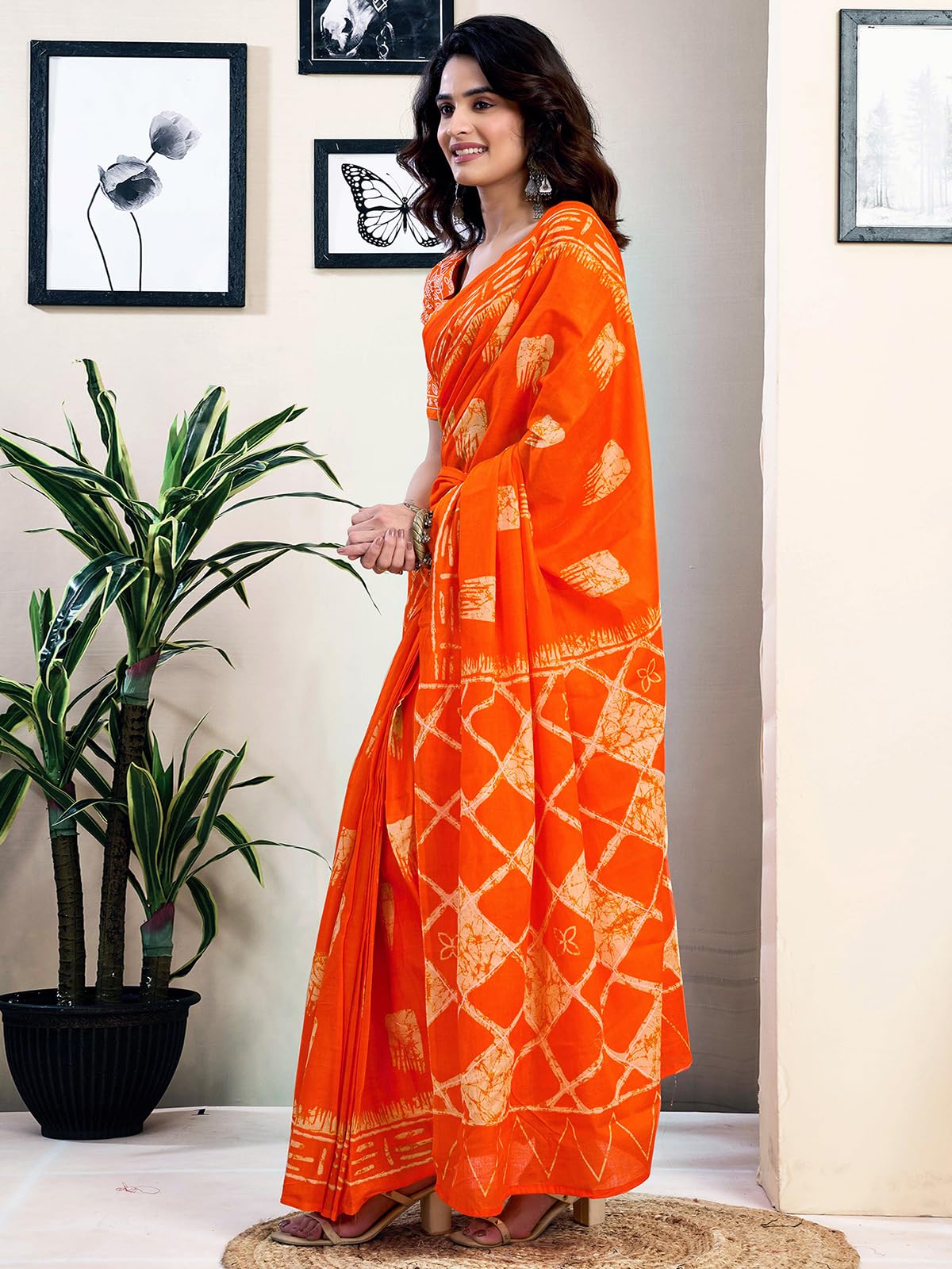 Satrani Women's Pure Cotton Printed Ready To Wear Saree With Pocket And Unstitched Blouse Piece (39Rs147_Orange)