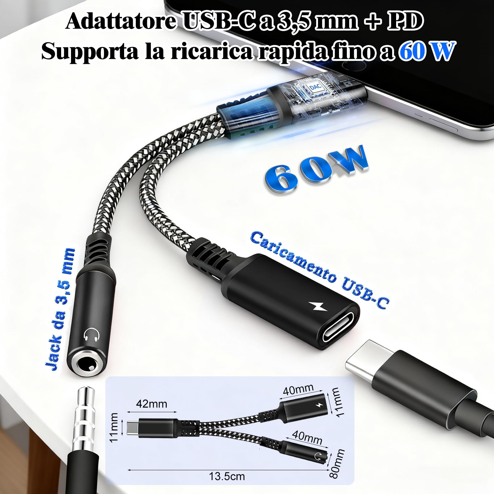 Adattatore per Cuffie USB C 2 in 1 Jack 3,5mm PD 60W Ricarica Rapida Audio AUX Hi-Res