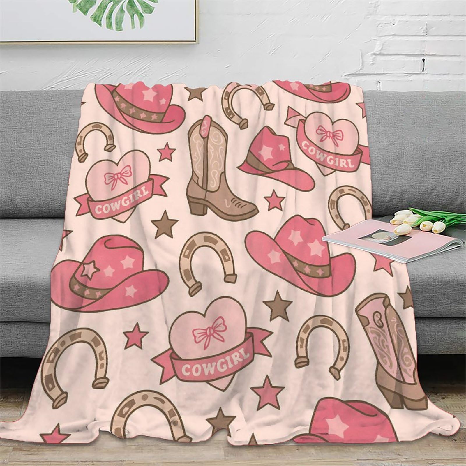 Plaid Voyage Microfibre Rose Imprimé Chapeaux de Cow-Girl Western Jeté de Canapé 150x200cm