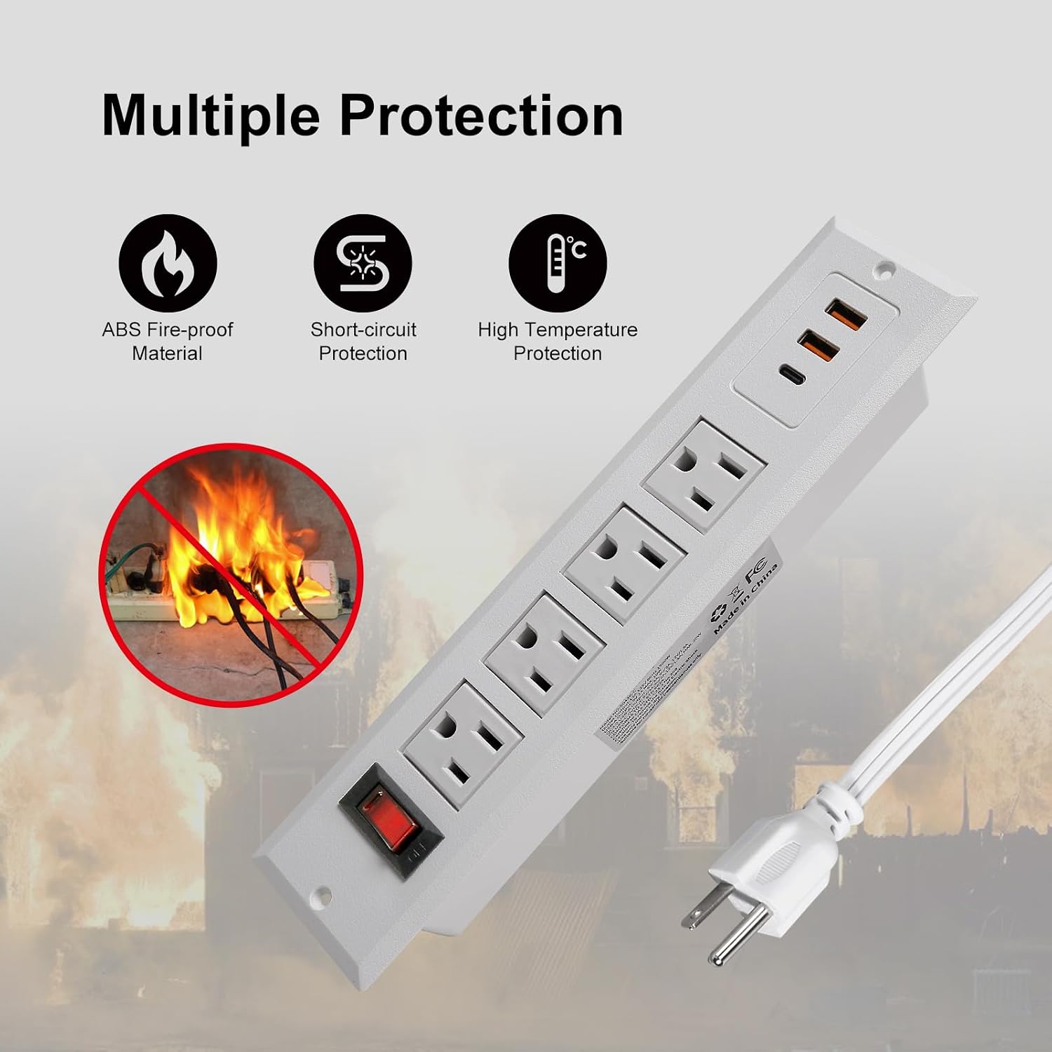 Recessed Power Strip Type C 20W PD Fast Charge Desk Power Outlet 4 Outlets 2 USB and 1 USB C Built in Furniture Extension Power Plug for Dorm Office (White)