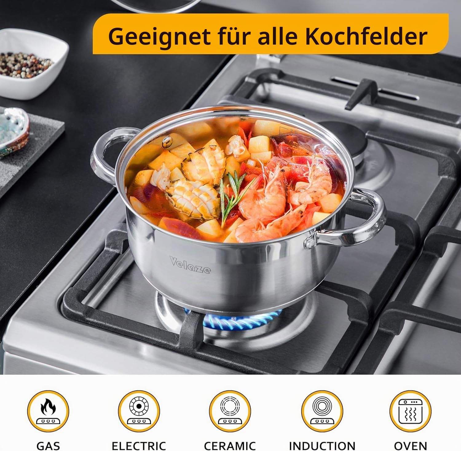 Velaze Töpfe Set, 7-teilig Kochtopf Set aus Edelstahl, Topf Induktion mit Glasdeckeln, PFOA frei, Klassisches Design, Topfset für alle Herdarten, Töpfe mit 3 Kochtöpfe und 1 Stielkasserolle
