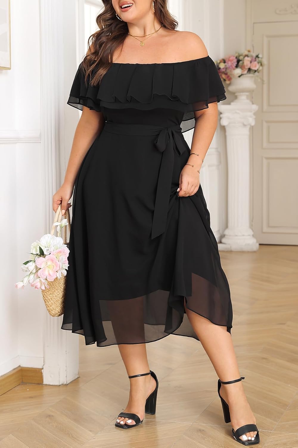 Plus Size Dresses Wedding Guest - Formal Ruffle Off The Shoulder Cocktail Chiffon A-Line Midi Dress Curvy Women - Image 4