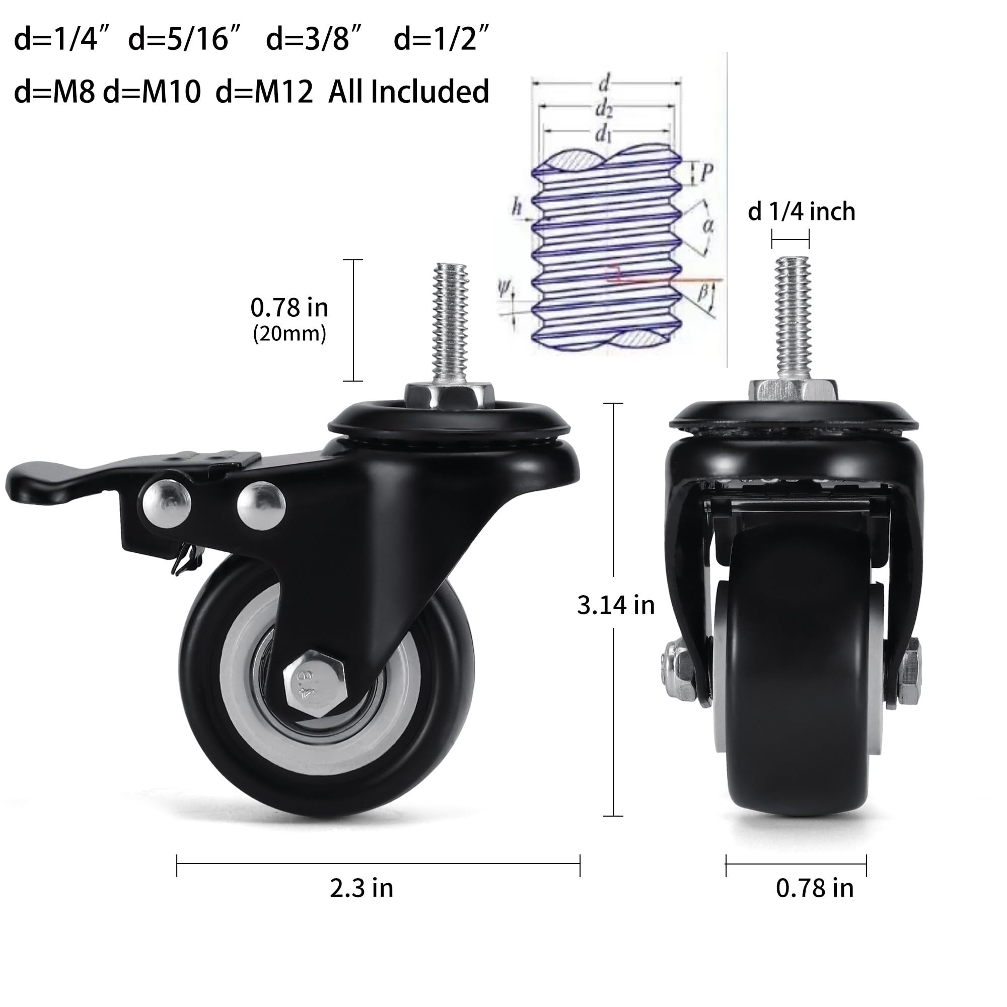 Kółka 1/4", 1/2", 3/8", 5/16", M12, M10, M8 z gwintowanym trzpieniem (wszystkie w zestawie), zestaw 4 przemysłowych kółek jezdnych do regałów z drutu stalowego, regałów metalowych, wózków, mebli