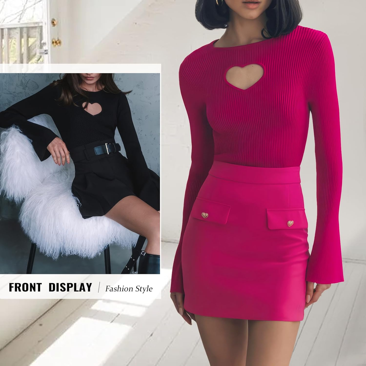 Women's Heart-Cutout Sweater - Body-Hugging Fit Stretchy Sexy Knit Top with Long Bell Sleeve,Round Neck Pullover - Image 4