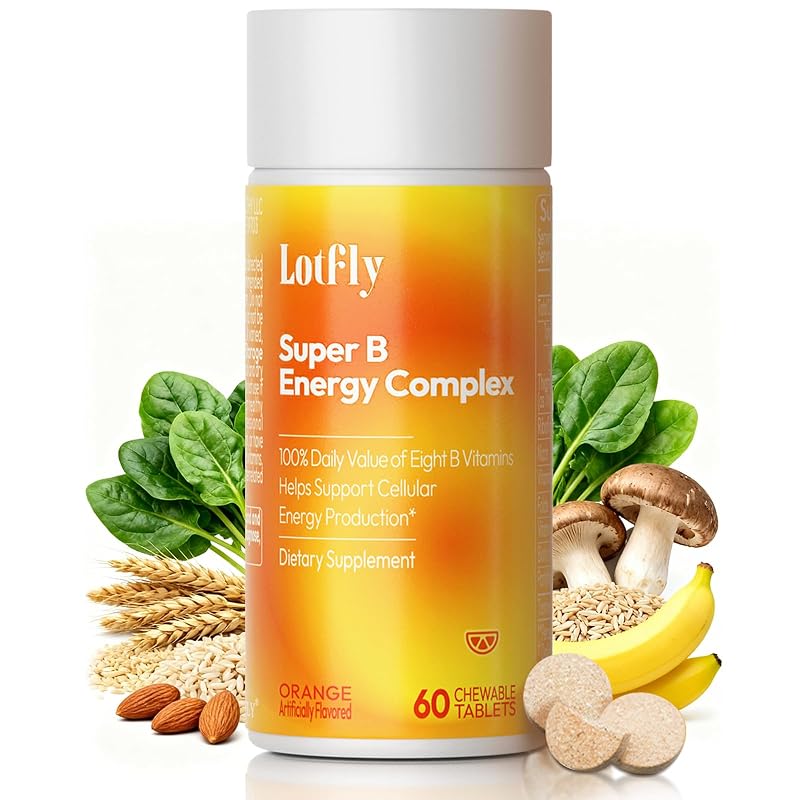 LOTFLY Complexo B com vitaminas B1, B2, B3, B5, B6, B7, B9 e B12, taurina e pó de laranja-sanguínea, 60 unidades